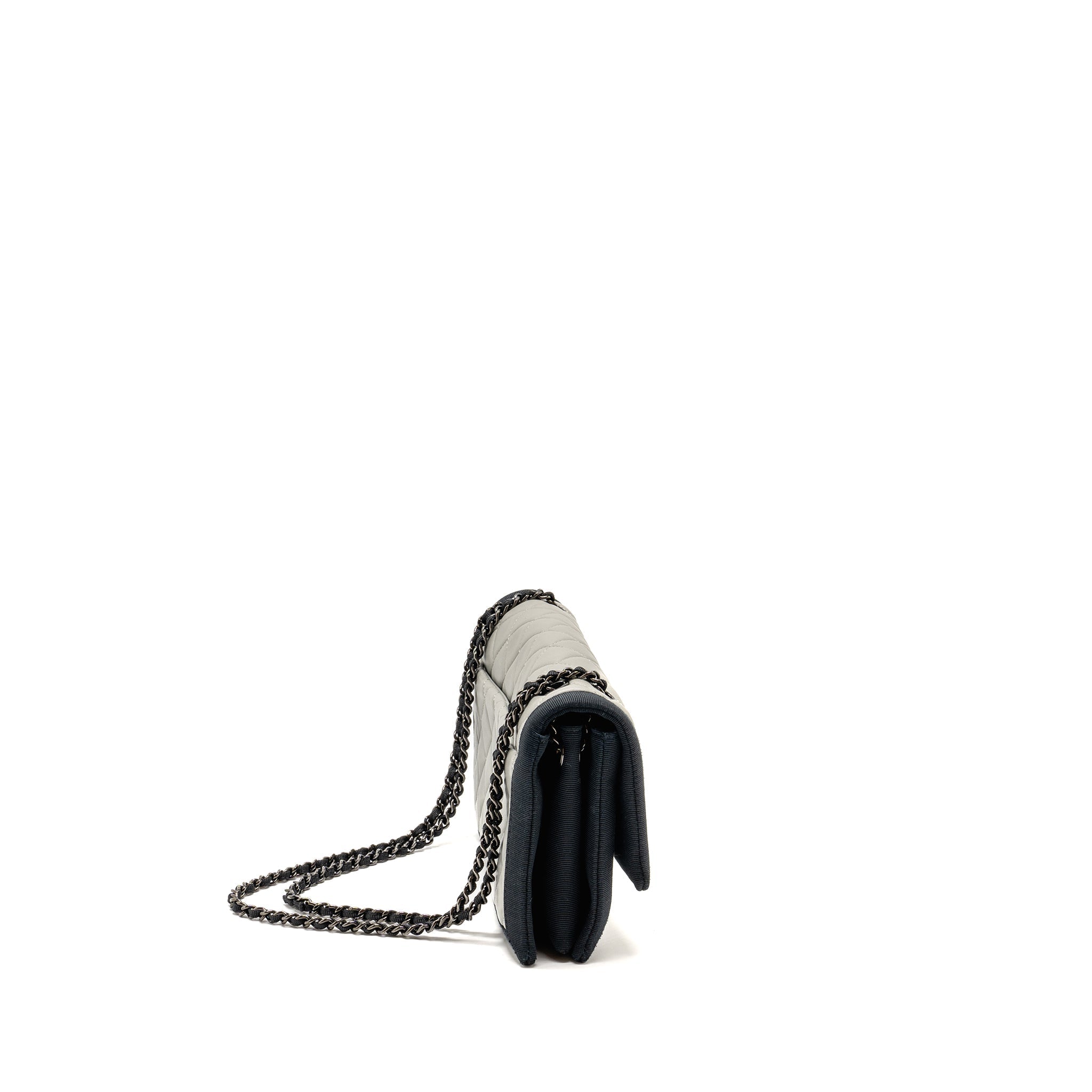CHANEL QUILTED FLAP WITH FABRIC EDGE LAMBSKIN GREY/ BLACK WITH BLACK HARDWARE
