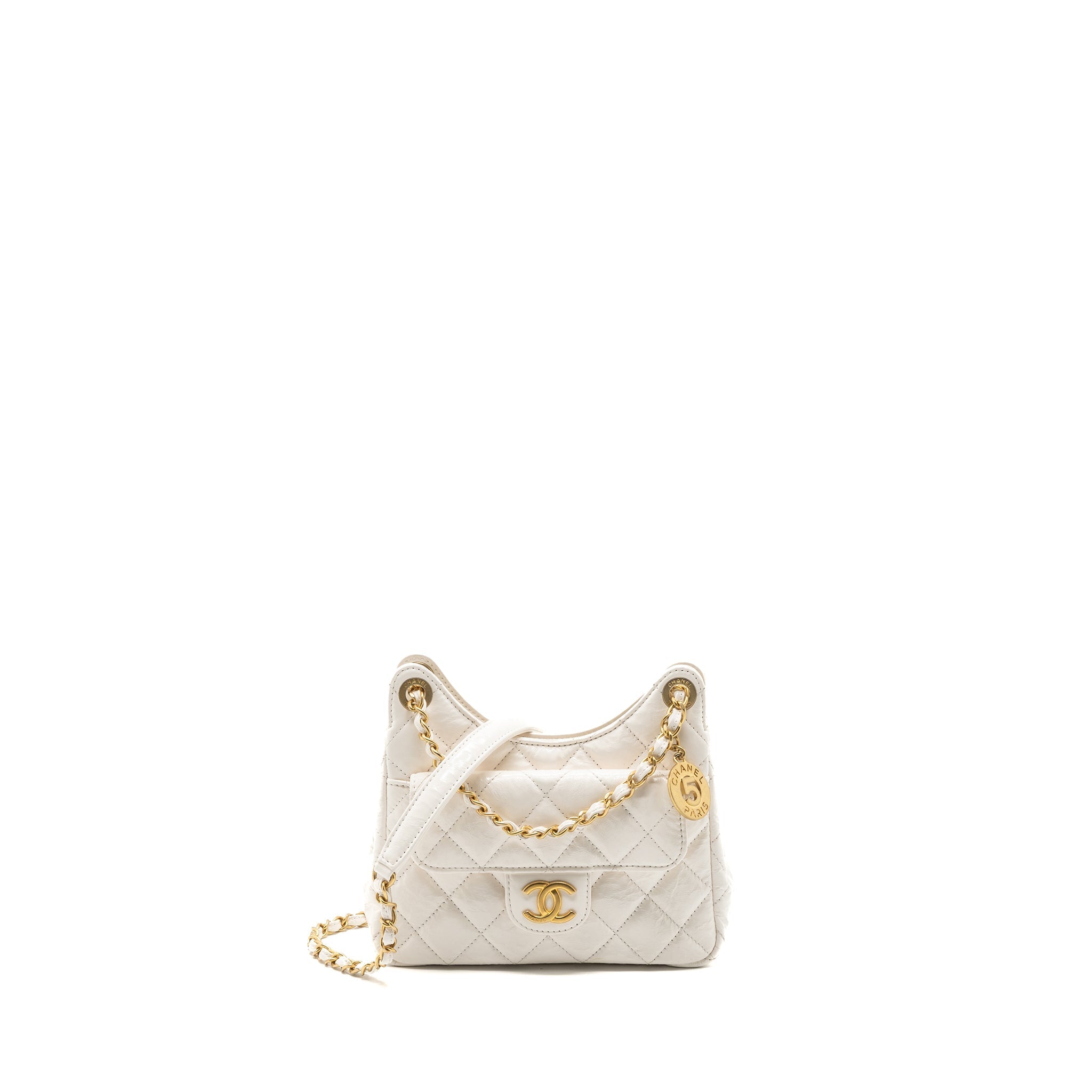 CHANEL 23B SMALL HOBO BAG SHINY CALFSKIN WHITE BRUSHED GHW(MICROCHIP)