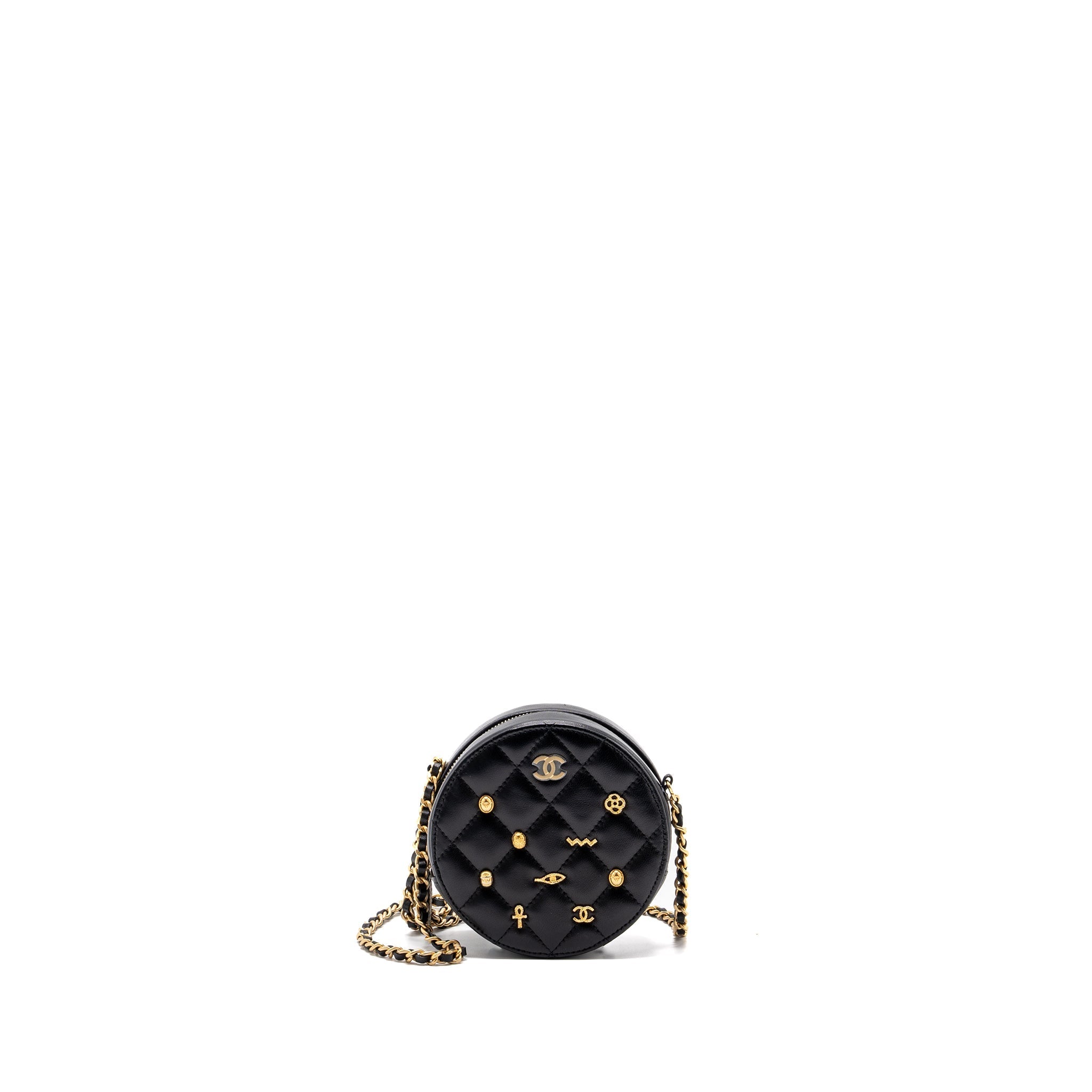 CHANEL LIMITED EDITION CHARM ROUND CLUTCH WITH CHAIN LAMBSKIN BLACK GHW