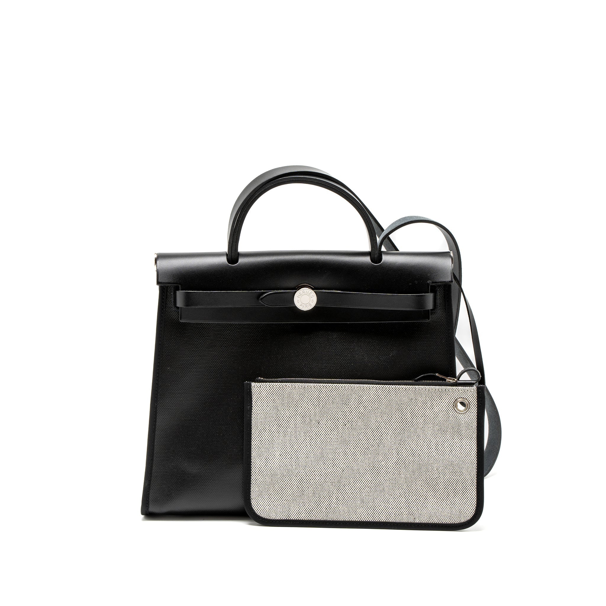 HERMES HERBAG 31 ZIP BAG TOILE H BERLINE CANVAS/VACHE HUNTER BLACK/ECRU SHW