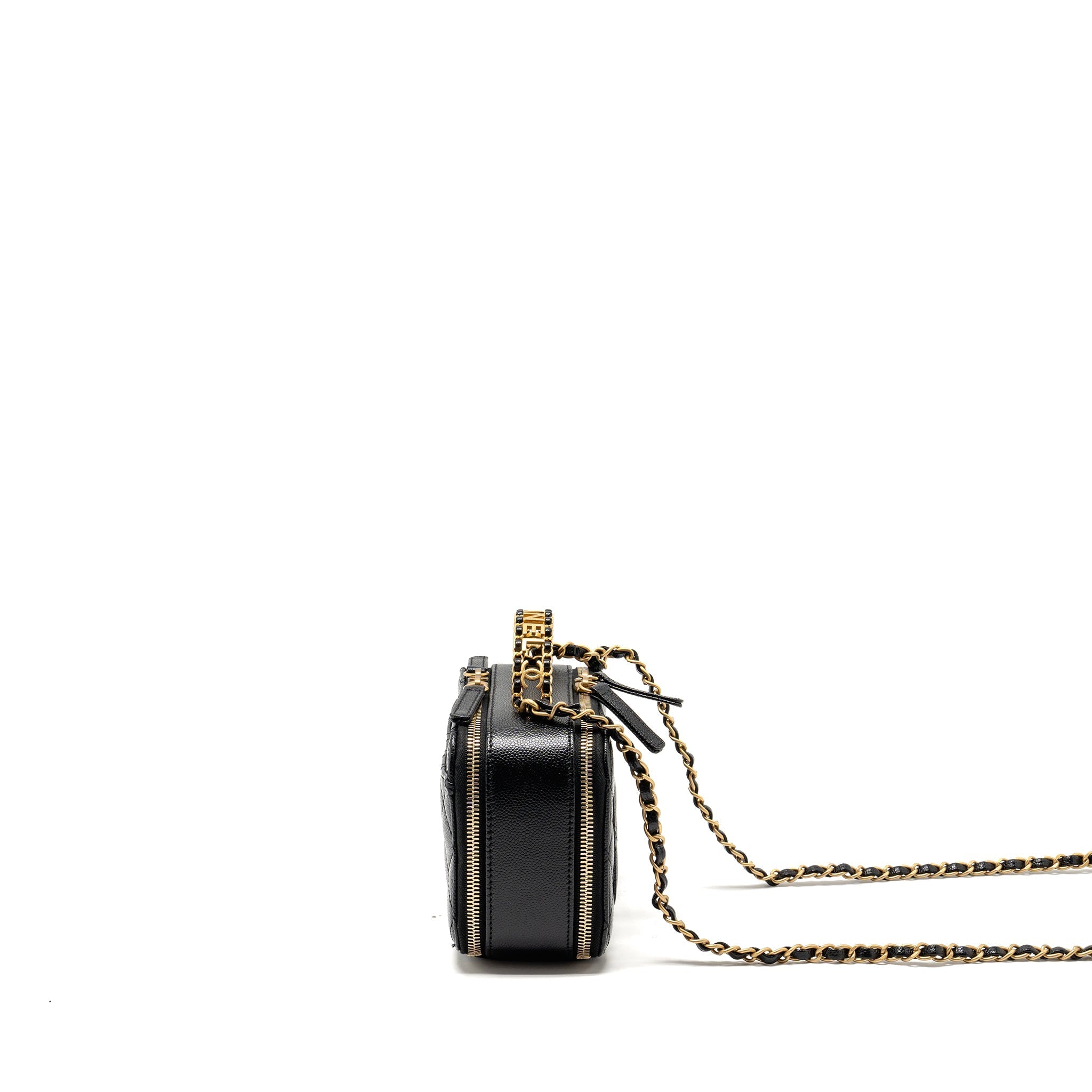 CHANEL LOGO DETAILED HANDLE MINI PICK ME UP VANITY CASE CAVIAR BLACK GHW (MICROCHIP)