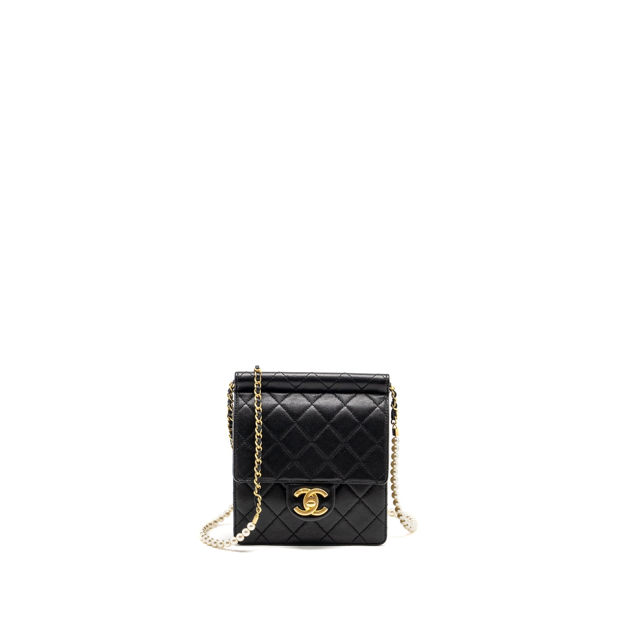 CHANEL 19S PEARL CHAIN QUILTED VERTICAL FLAP BAG LAMBSKIN BLACK GHW