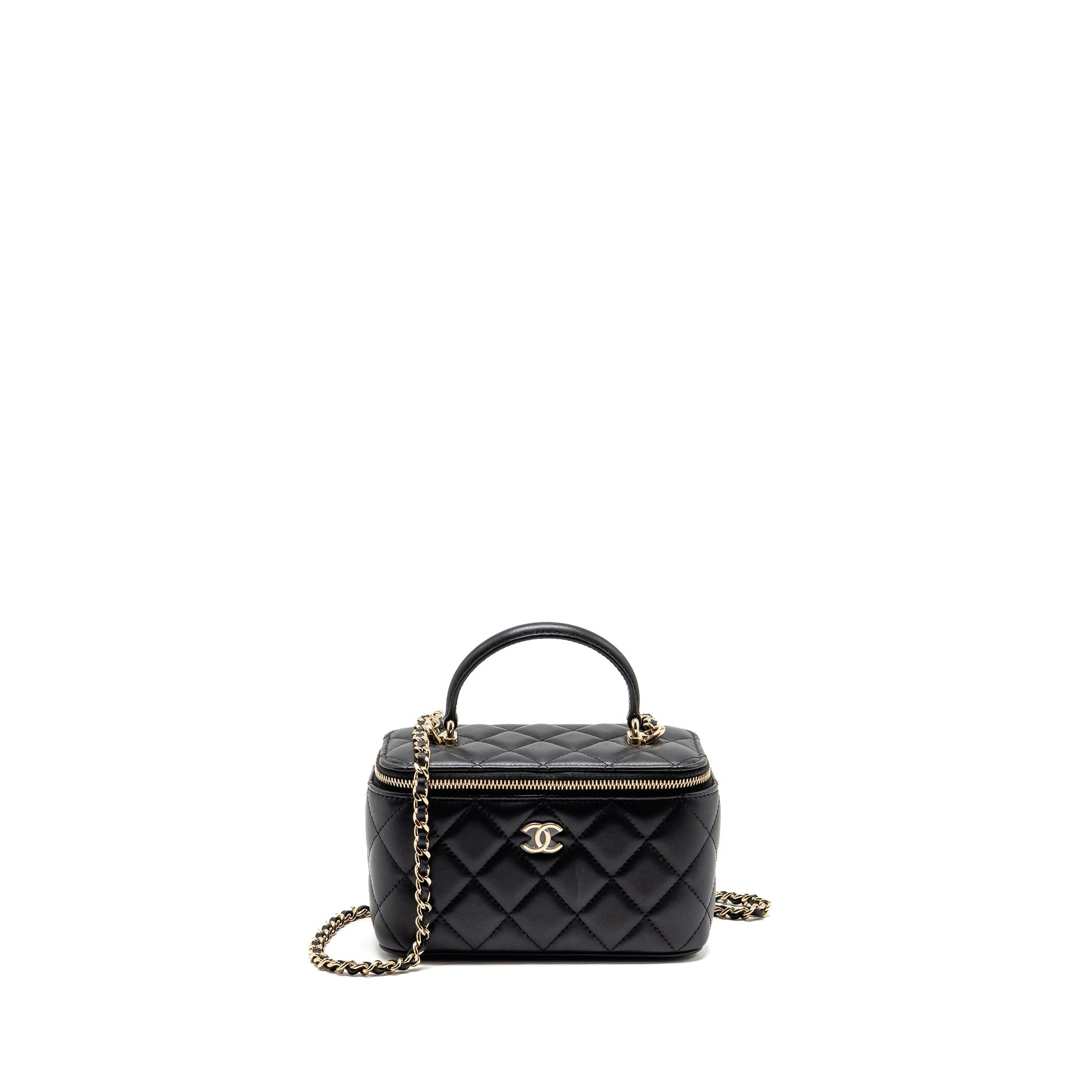 CHANEL TOP HANDLE LONG VANITY CASE WITH CHAIN LAMBSKIN BLACK LGHW (MICROCHIP)