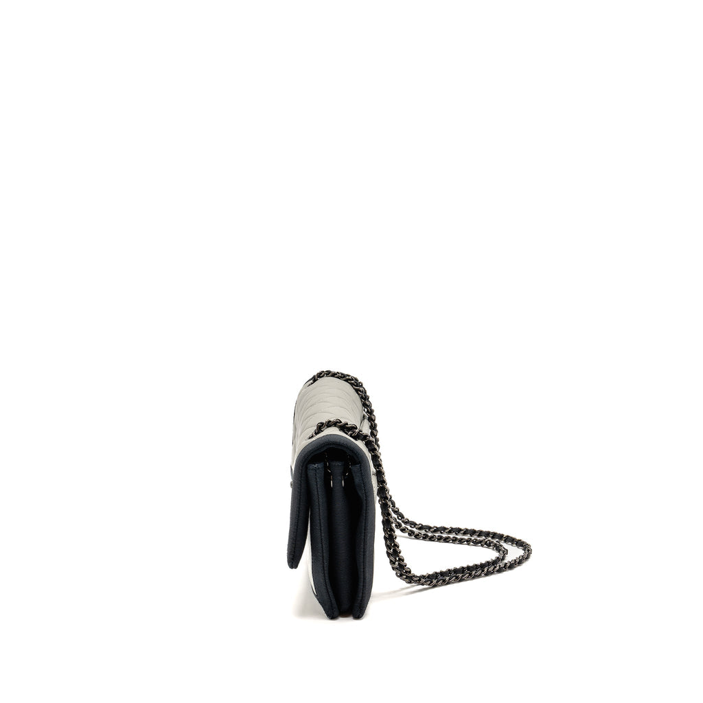 CHANEL QUILTED FLAP WITH FABRIC EDGE LAMBSKIN GREY/ BLACK WITH BLACK HARDWARE