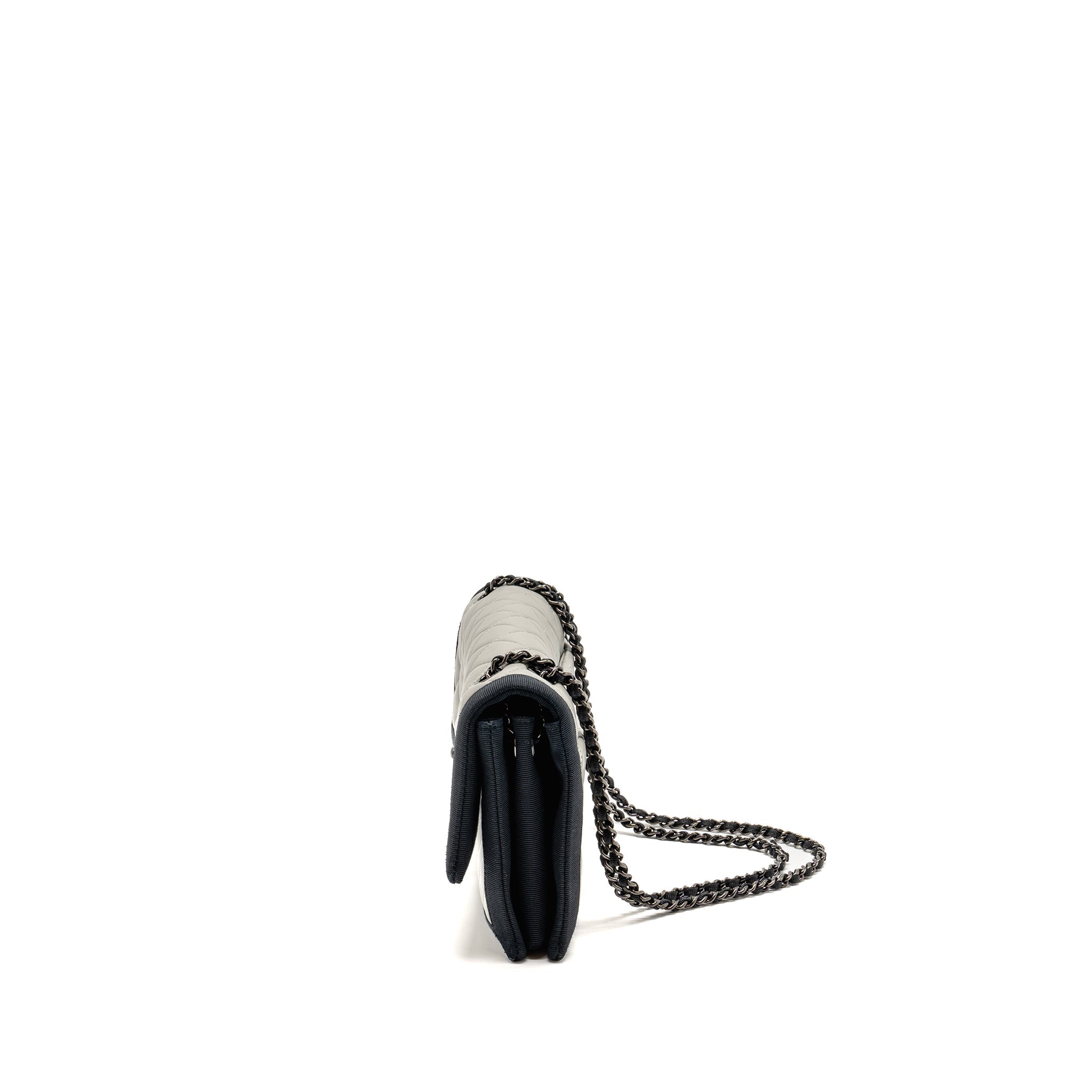 CHANEL QUILTED FLAP WITH FABRIC EDGE LAMBSKIN GREY/ BLACK WITH BLACK HARDWARE