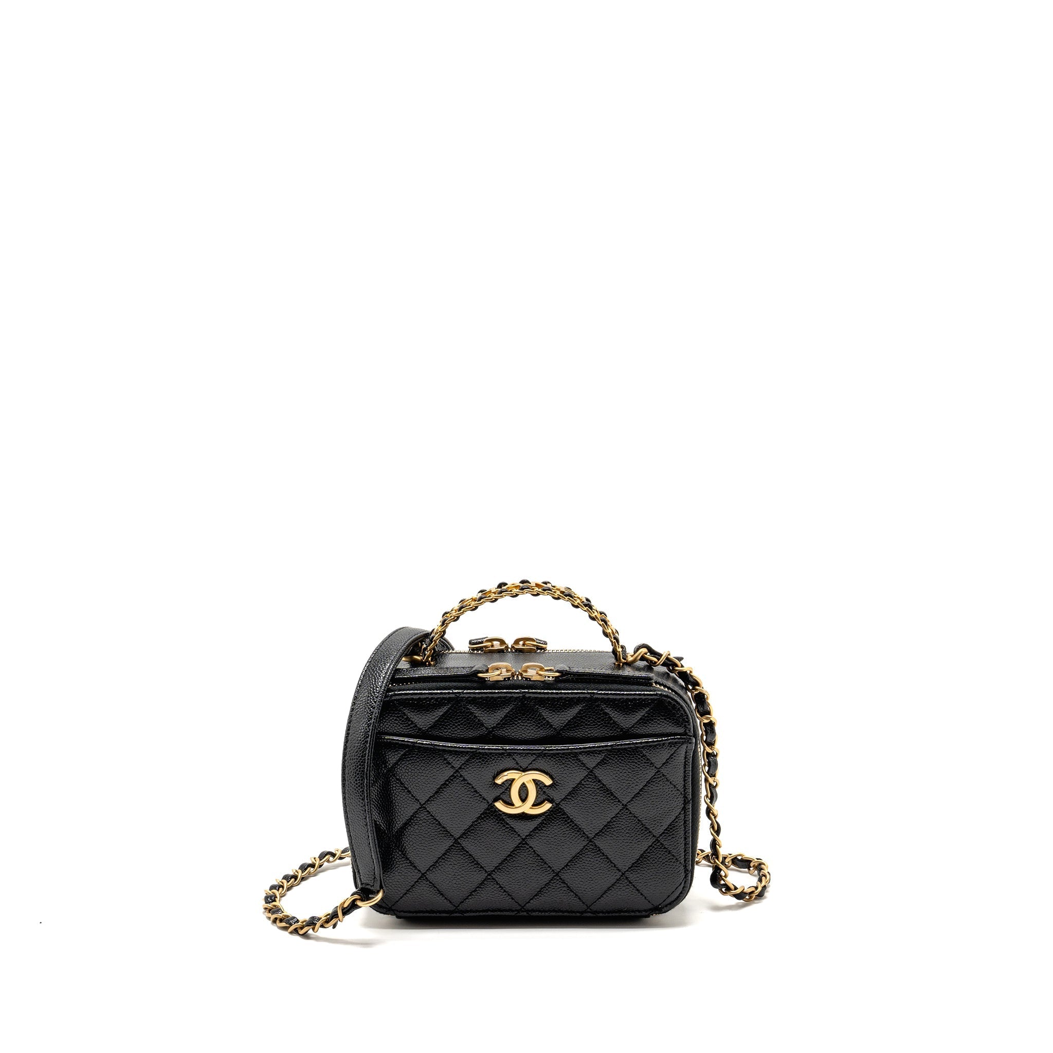 CHANEL LOGO DETAILED HANDLE MINI PICK ME UP VANITY CASE CAVIAR BLACK GHW (MICROCHIP)
