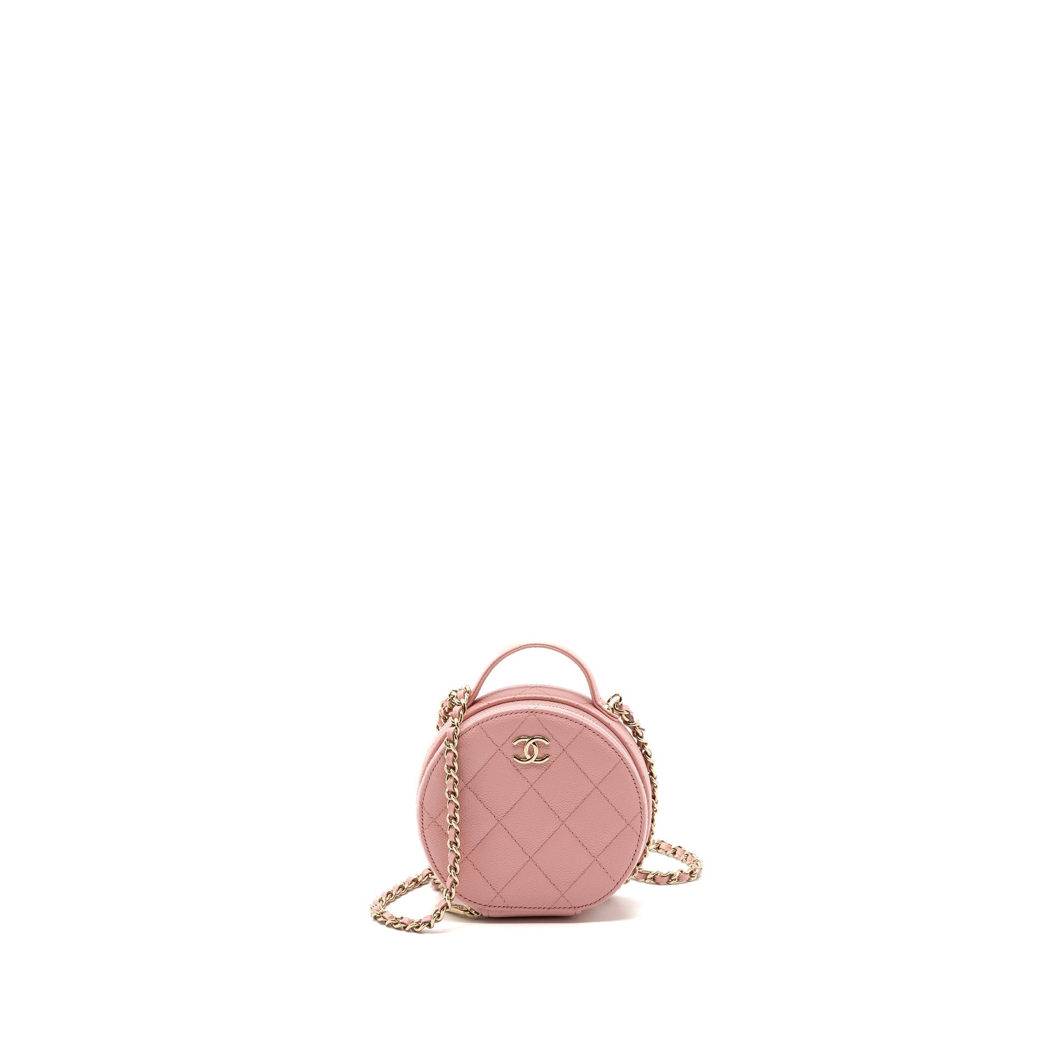 CHANEL TOP HANDLE MINI ROUND VANITY WITH CHAIN CAVIAR PINK LGHW