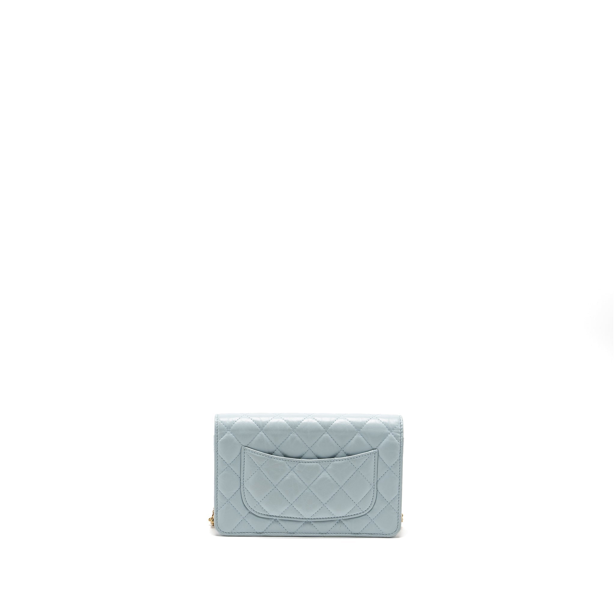 CHANEL 2.55 REISSUE WALLET ON CHAIN AGED CALFSKIN LIGHT BLUE BRUSHED GHW (MICROCHIP)