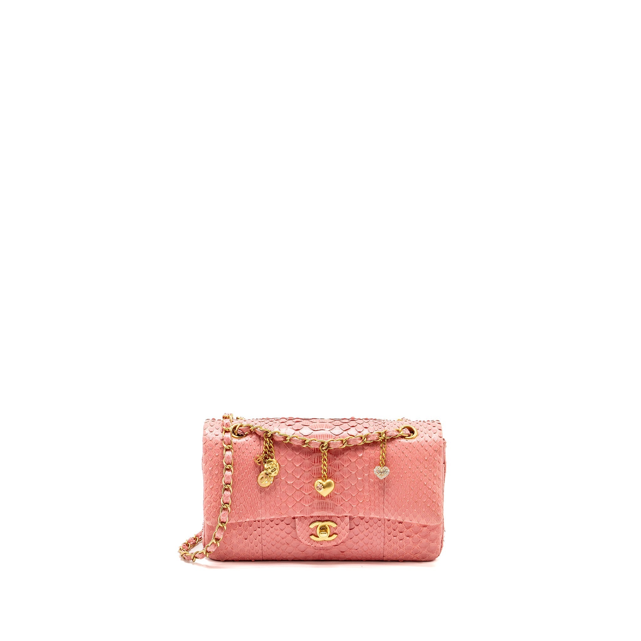 CHANEL MEDIUM FLAP BAG WITH DETAILED CHARMS PYTHON PINK GHW