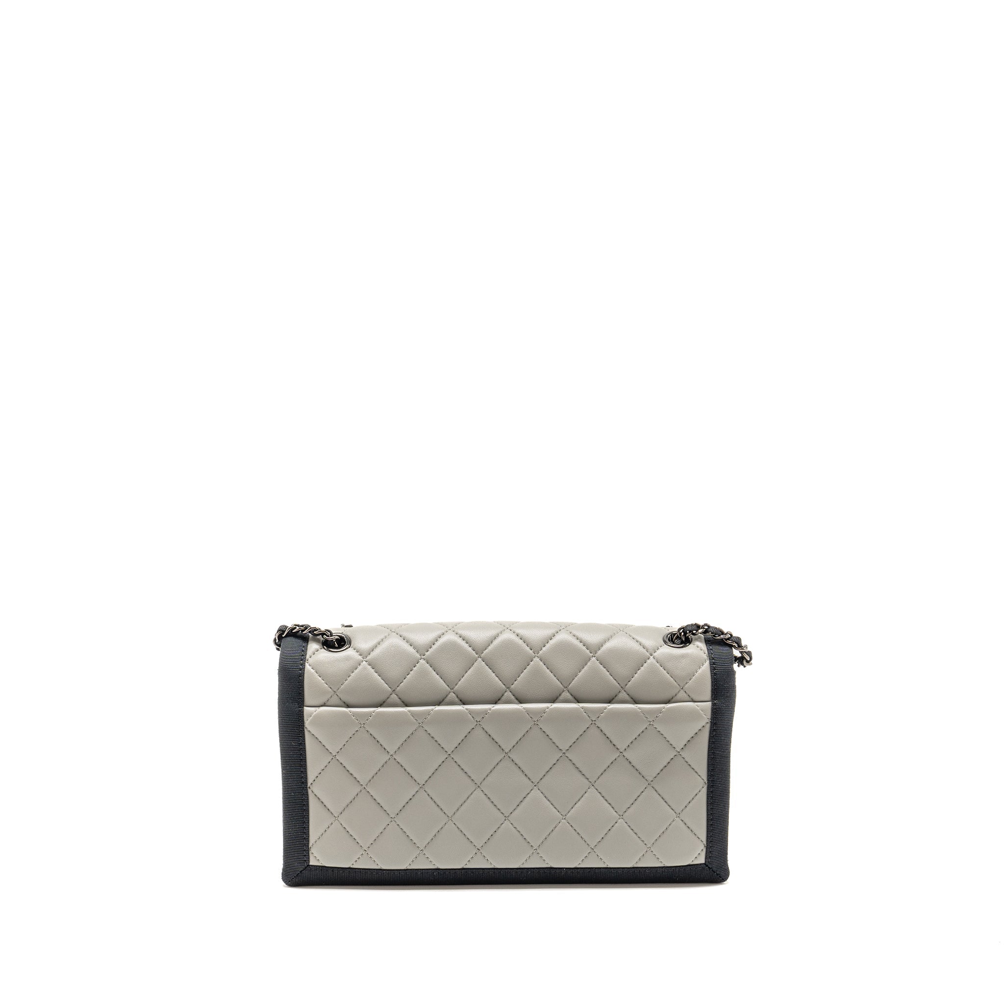 CHANEL QUILTED FLAP WITH FABRIC EDGE LAMBSKIN GREY/ BLACK WITH BLACK HARDWARE