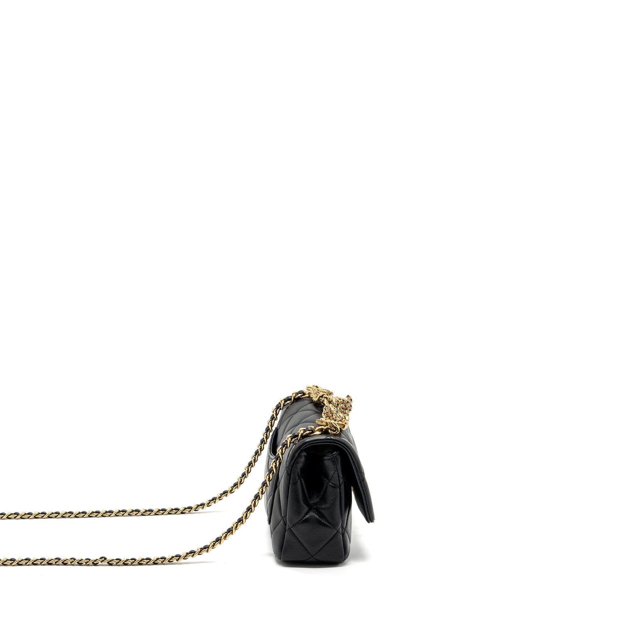 CHANEL LOGO CHAIN HANDLE FLAP BAG LAMBSKIN BLACK GHW(MICROCHIP)