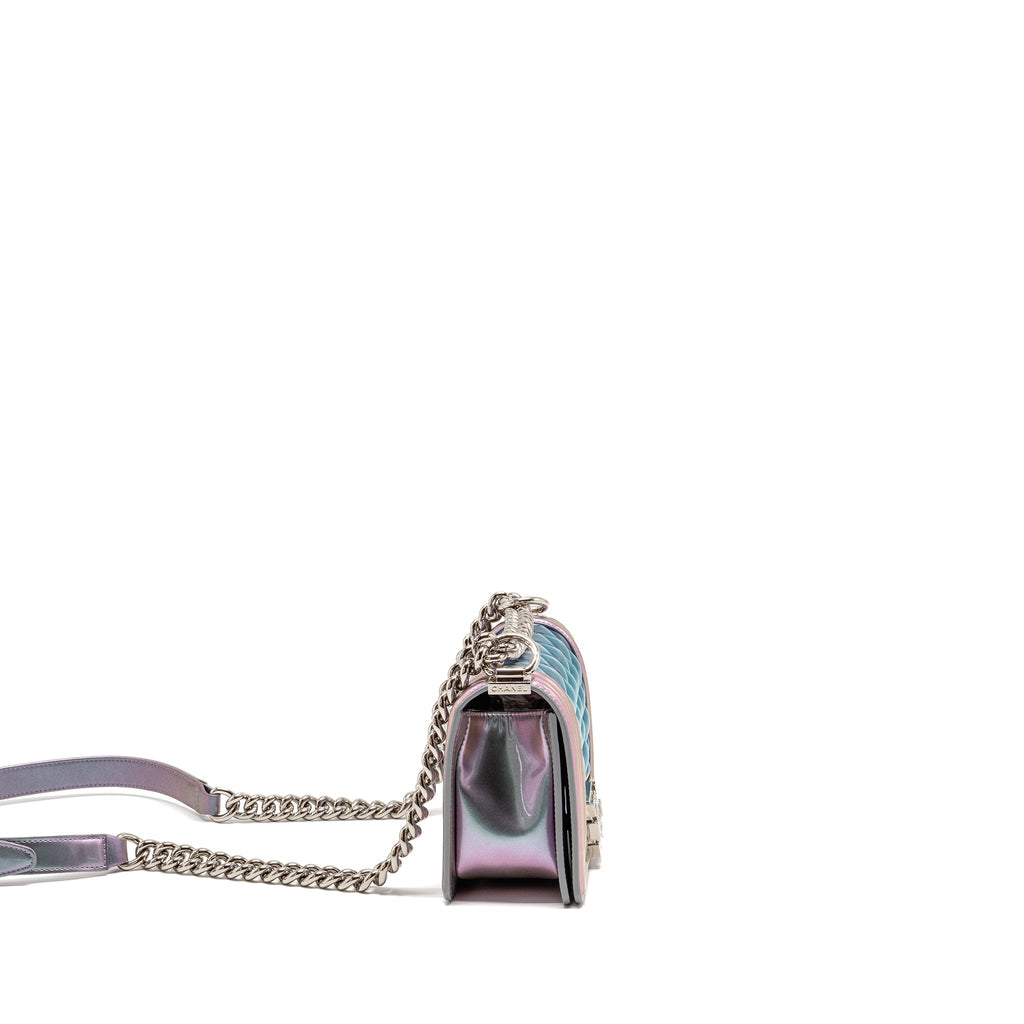 CHANEL SMALL BOY BAG LIMITED EDITION PATENT LEATHER IRIDESCENT LIGHT PURPLE SHW
