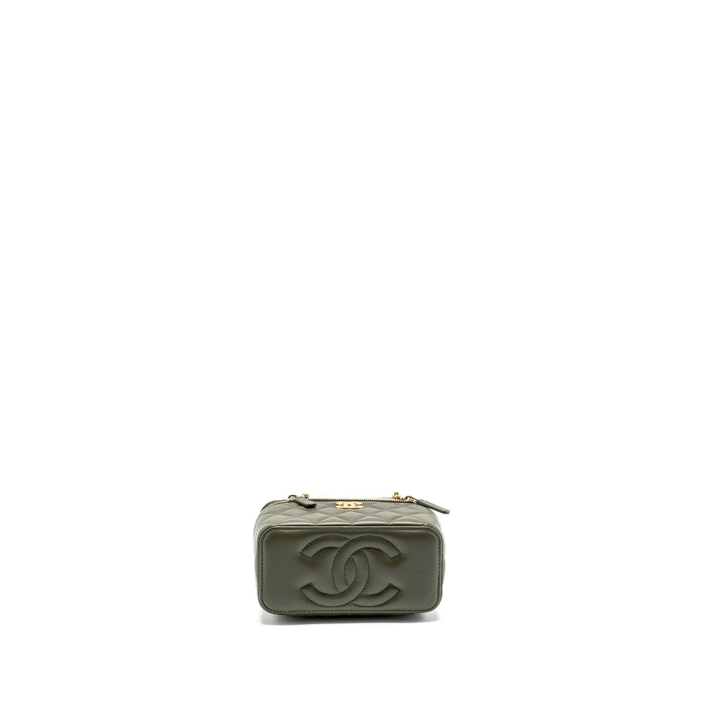 CHANEL DETAIL TOP HANDLE LONG VANITY WITH CHAIN LAMBSKIN DARK GREEN GHW (MICROCHIP)