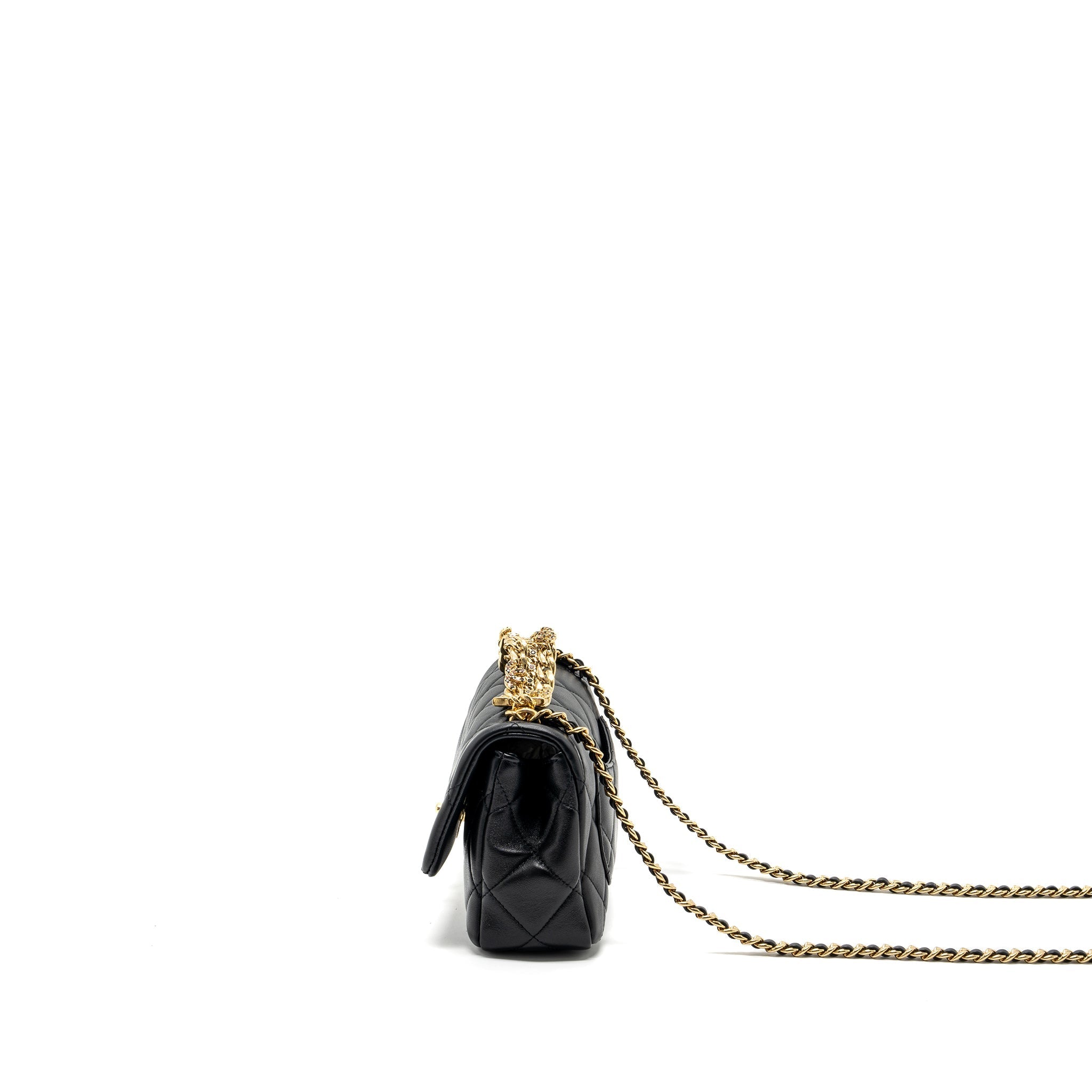 CHANEL LOGO CHAIN HANDLE FLAP BAG LAMBSKIN BLACK GHW(MICROCHIP)