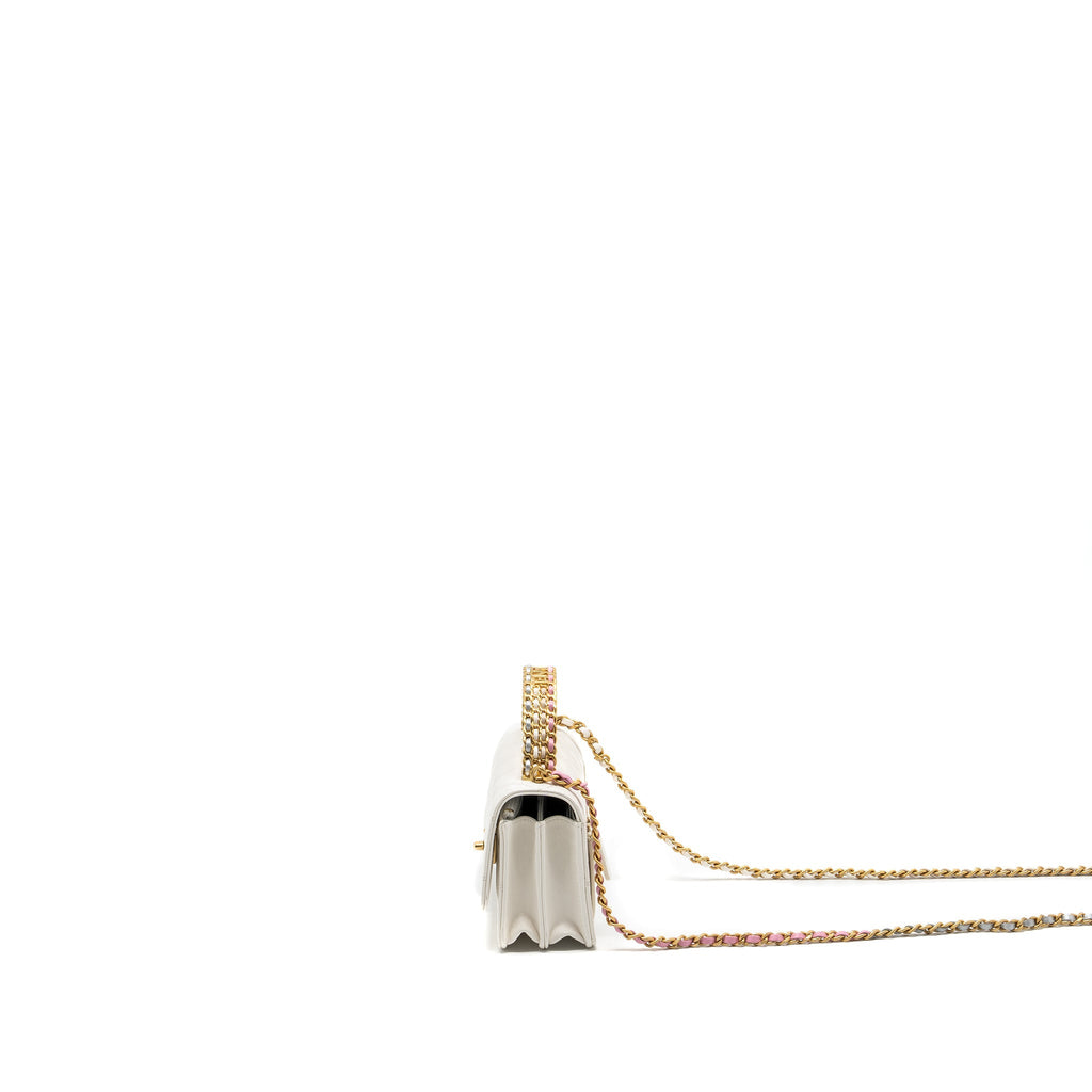 CHANEL 23P RAINBOW LETTER HANDLE MINI WALLET ON CHAIN CALFSKIN WHITE GHW (MICROCHIP)