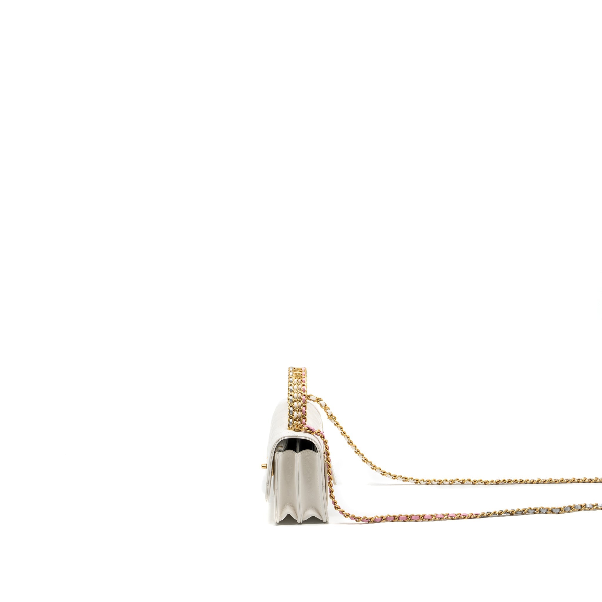 CHANEL 23P RAINBOW LETTER HANDLE MINI WALLET ON CHAIN CALFSKIN WHITE GHW (MICROCHIP)