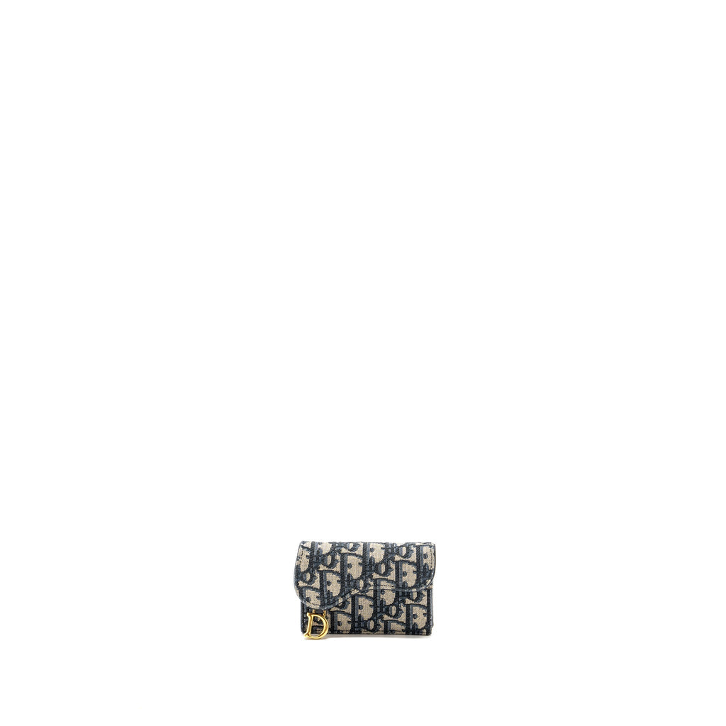 DIOR SADDLE FLAP CARD HOLDER OBLIQUE CANVAS BLUE GHW