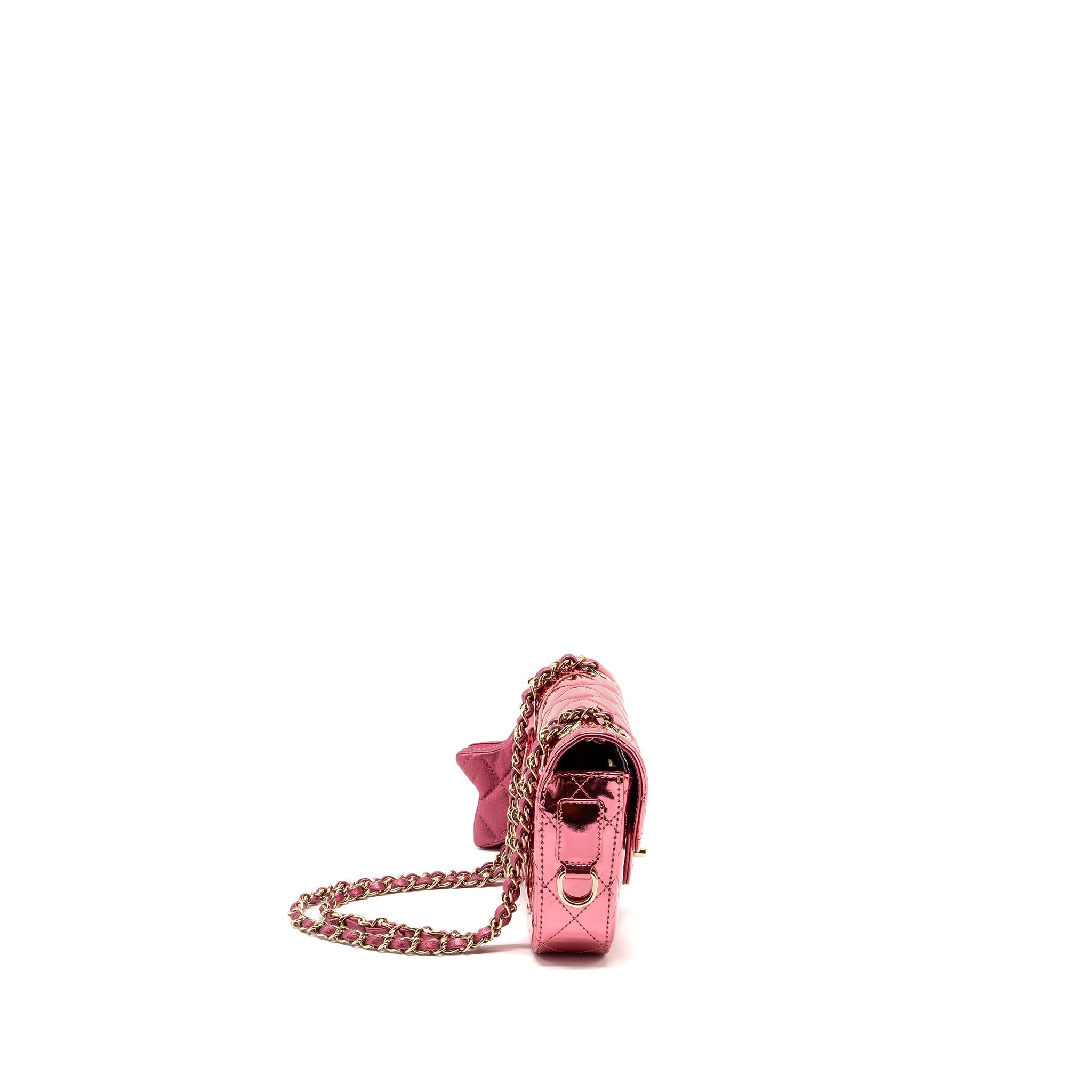 CHANEL 24C MINI FLAP BAG WITH STAR COIN PURSE PATENT/CALFSKIN METALLIC PINK LGHW (MICROCHIP)