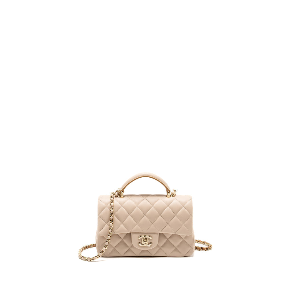 CHANEL TOP HANDLE MINI RECTANGULAR FLAP BAG LAMBSKIN ECRU/DARK BEIGE LGHW(MICROCHIP)