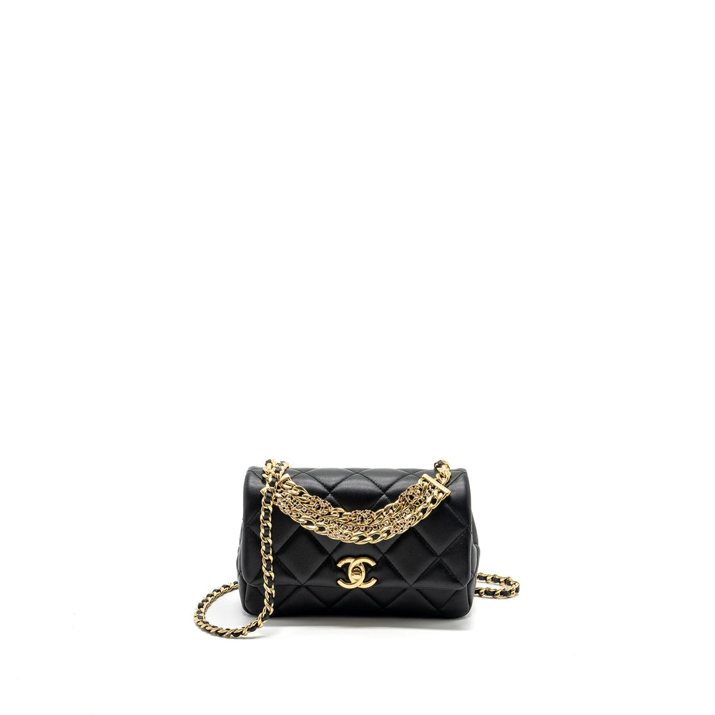CHANEL LOGO CHAIN HANDLE FLAP BAG LAMBSKIN BLACK GHW(MICROCHIP)
