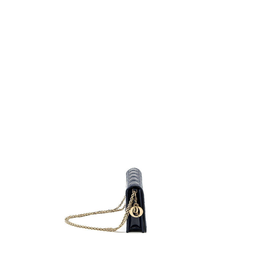 DIOR LADY DIOR POUCH WITH CHAIN PATENT DARK BLUE LGHW