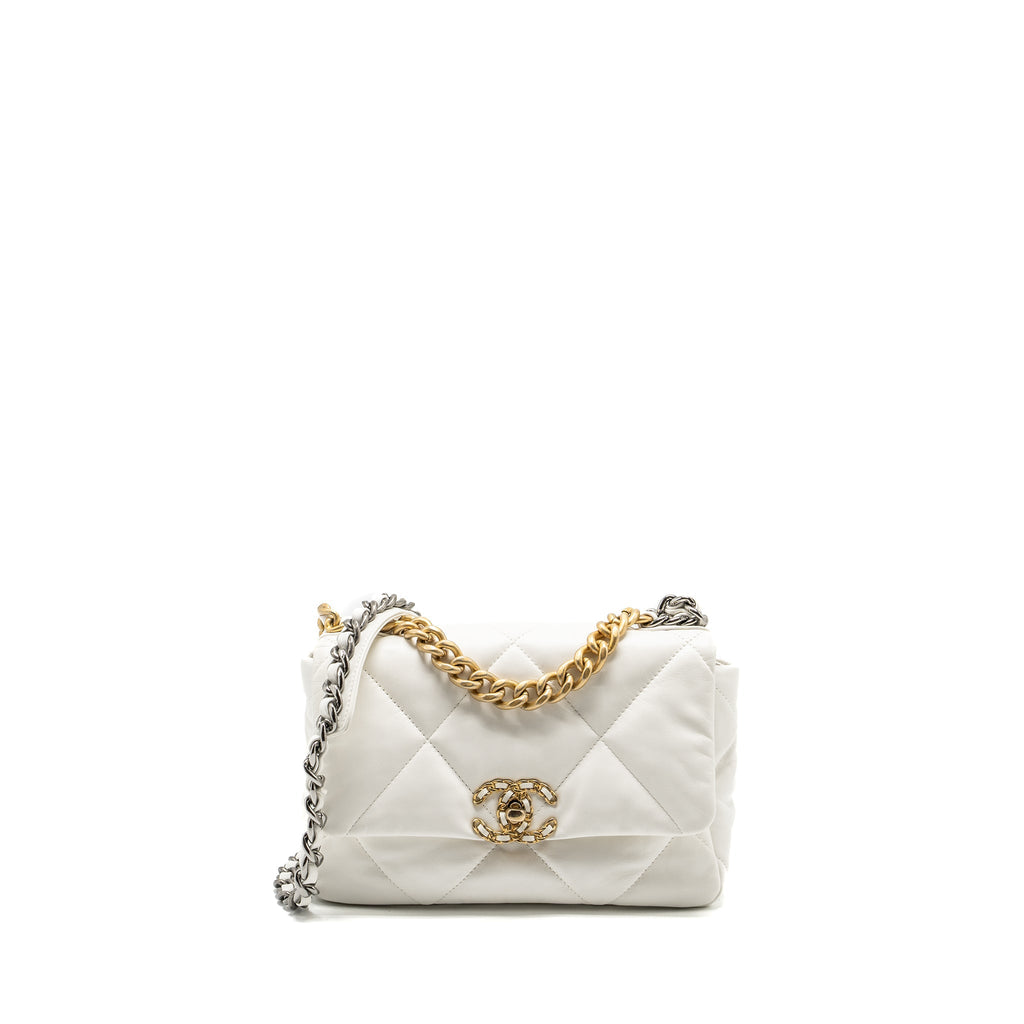 CHANEL SMALL 19 BAG SHINY GOATSKIN WHITE MULTICOLOURED HARDWARE