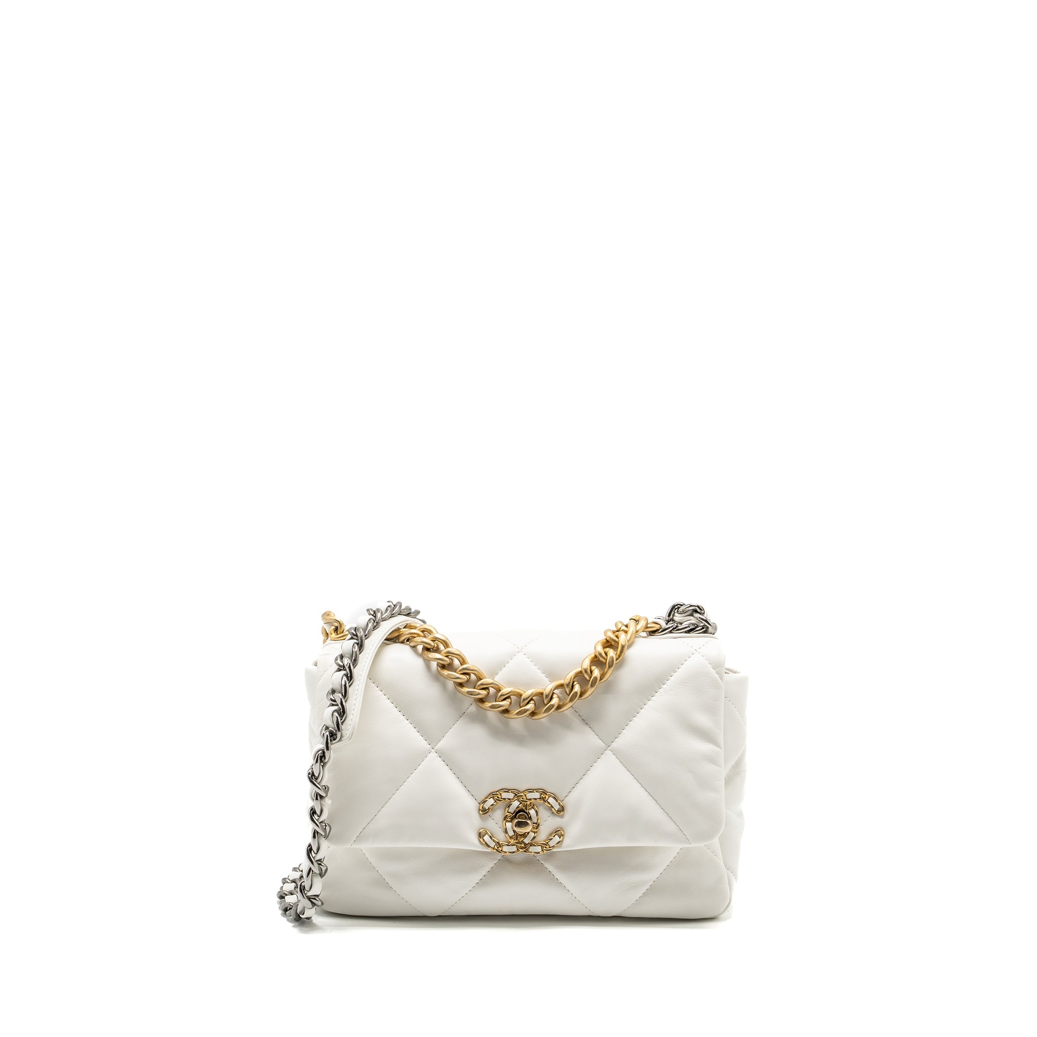 CHANEL SMALL 19 BAG SHINY GOATSKIN WHITE MULTICOLOURED HARDWARE