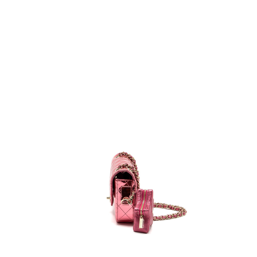 CHANEL 24C MINI FLAP BAG WITH STAR COIN PURSE PATENT/CALFSKIN METALLIC PINK LGHW (MICROCHIP)
