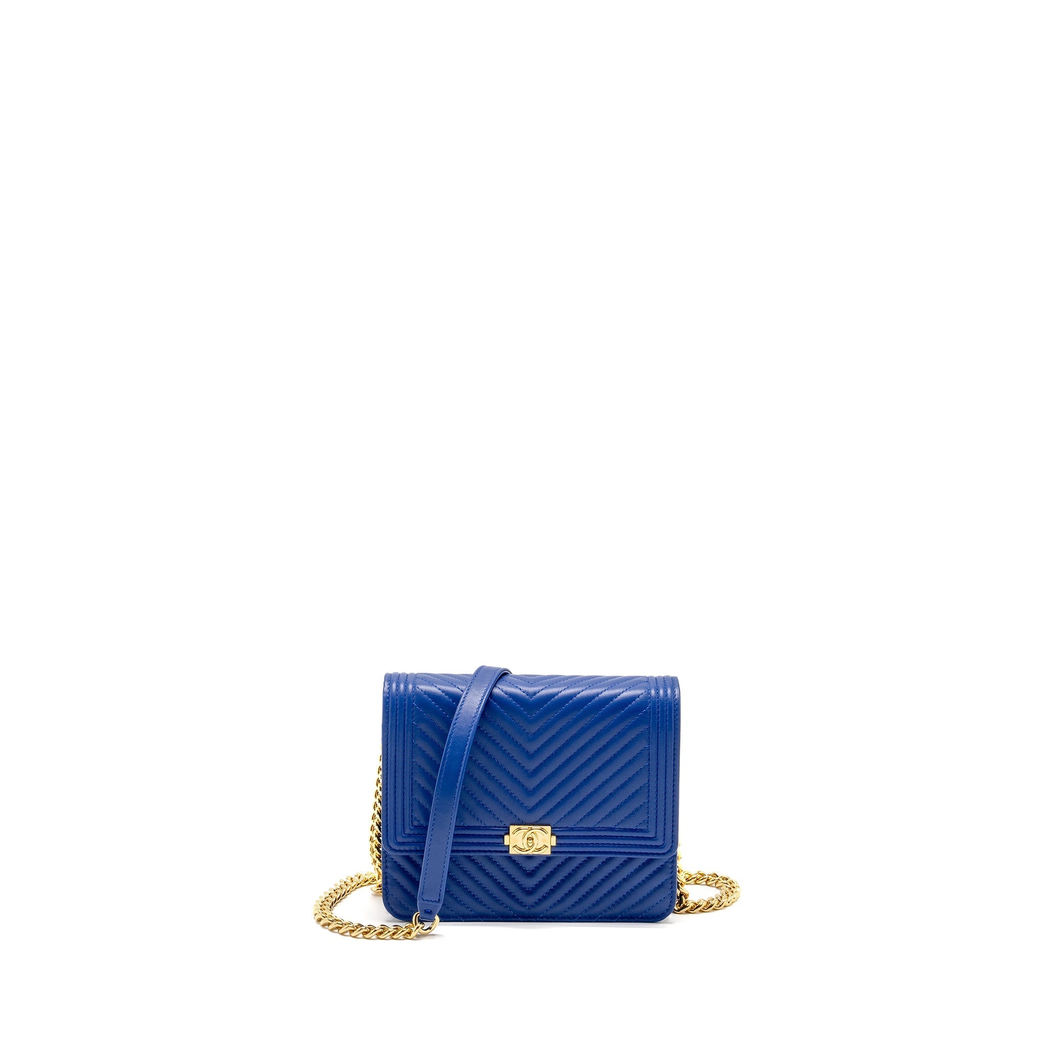 CHANEL BOY CLUTCH WITH CHAIN  CHERVON LAMBSKIN BLUE GHW