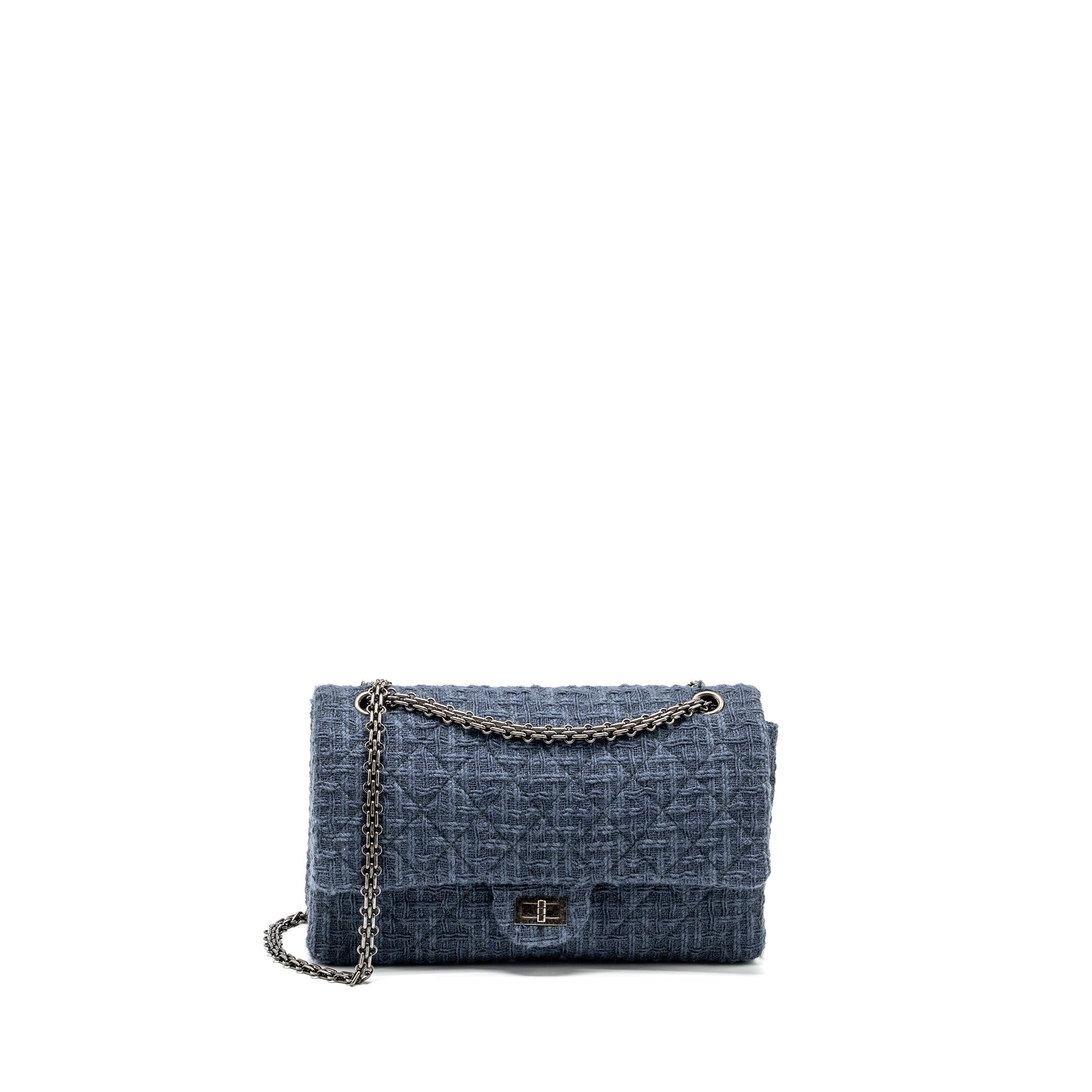 CHANEL 2.55 226 REISSUE DOUBLE FLAP BAG TWEED DARK GREY / BLUE RUTHENIUM HARDWARE