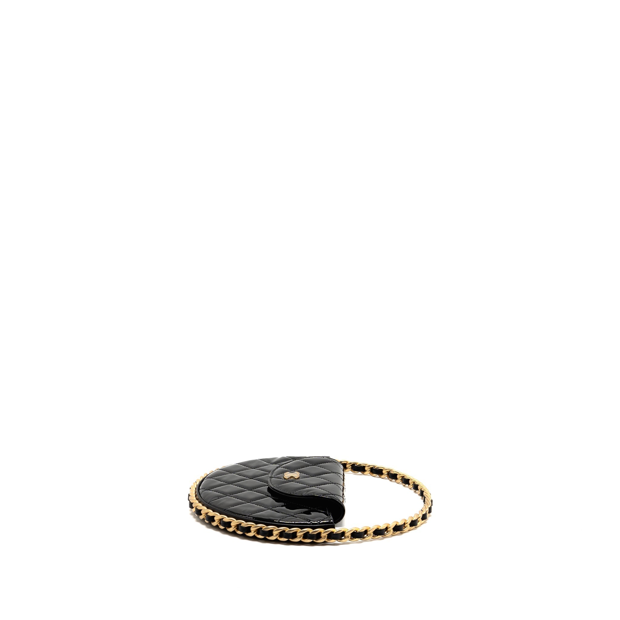 CHANEL 23K HOOP BAG PATENT LEATHER BLACK GHW (MICROCHIP)