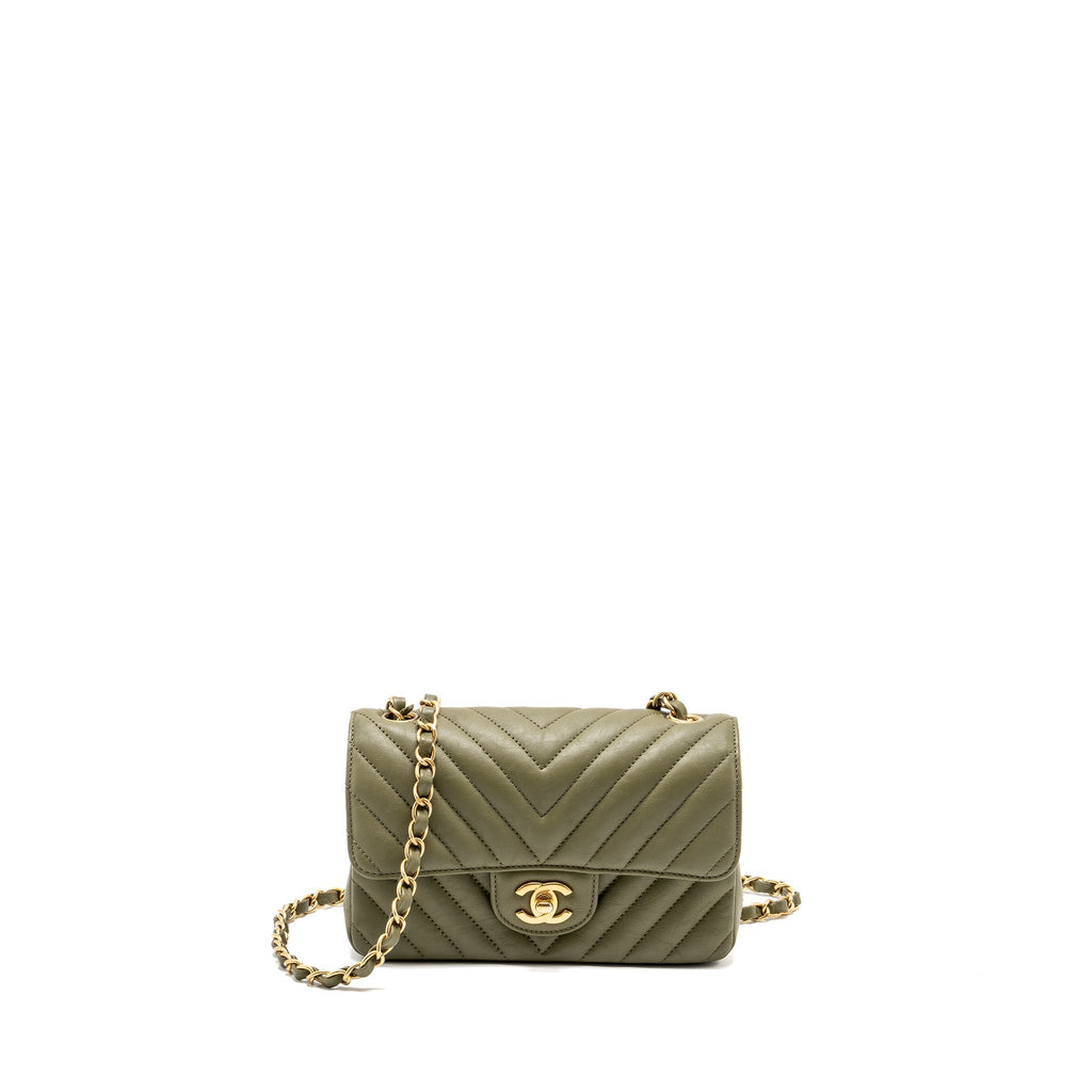 CHANEL CHEVRON MINI RECTANGULAR FLAP BAG CALFSKIN KHAKI GHW
