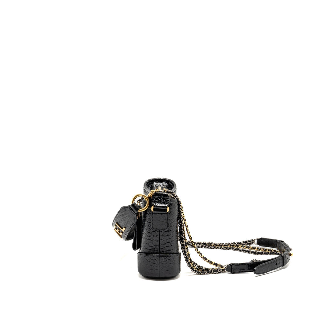 CHANEL SMALL GABRIELLE HOBO BAG WITH TOP HANDLE CROC-EMBOSSED CALFSKIN BLACK MULTICOLOUR HARDWARE