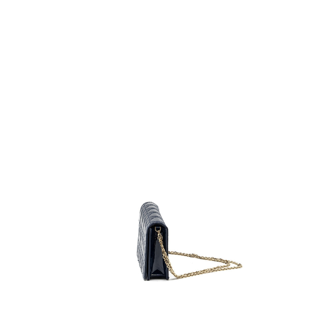 DIOR LADY DIOR POUCH WITH CHAIN PATENT DARK BLUE LGHW