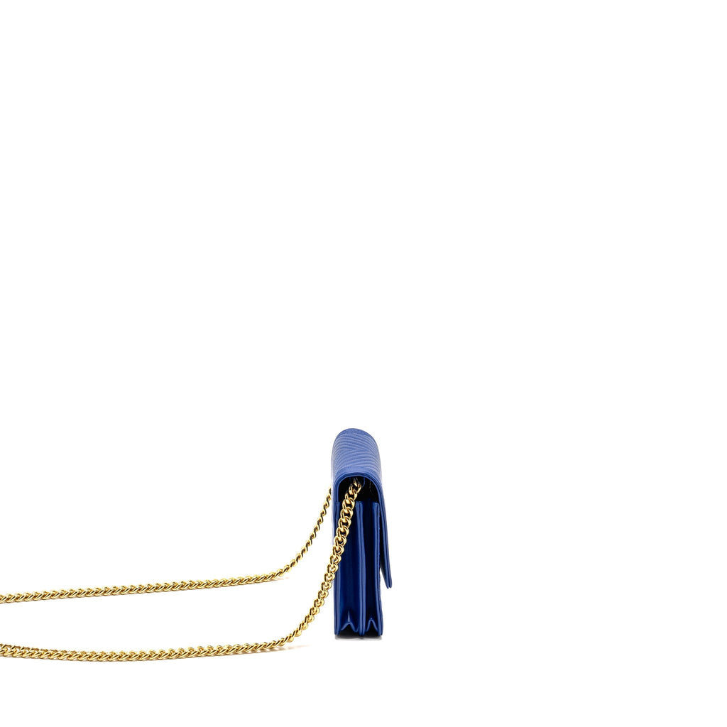 CHANEL BOY CLUTCH WITH CHAIN  CHERVON LAMBSKIN BLUE GHW