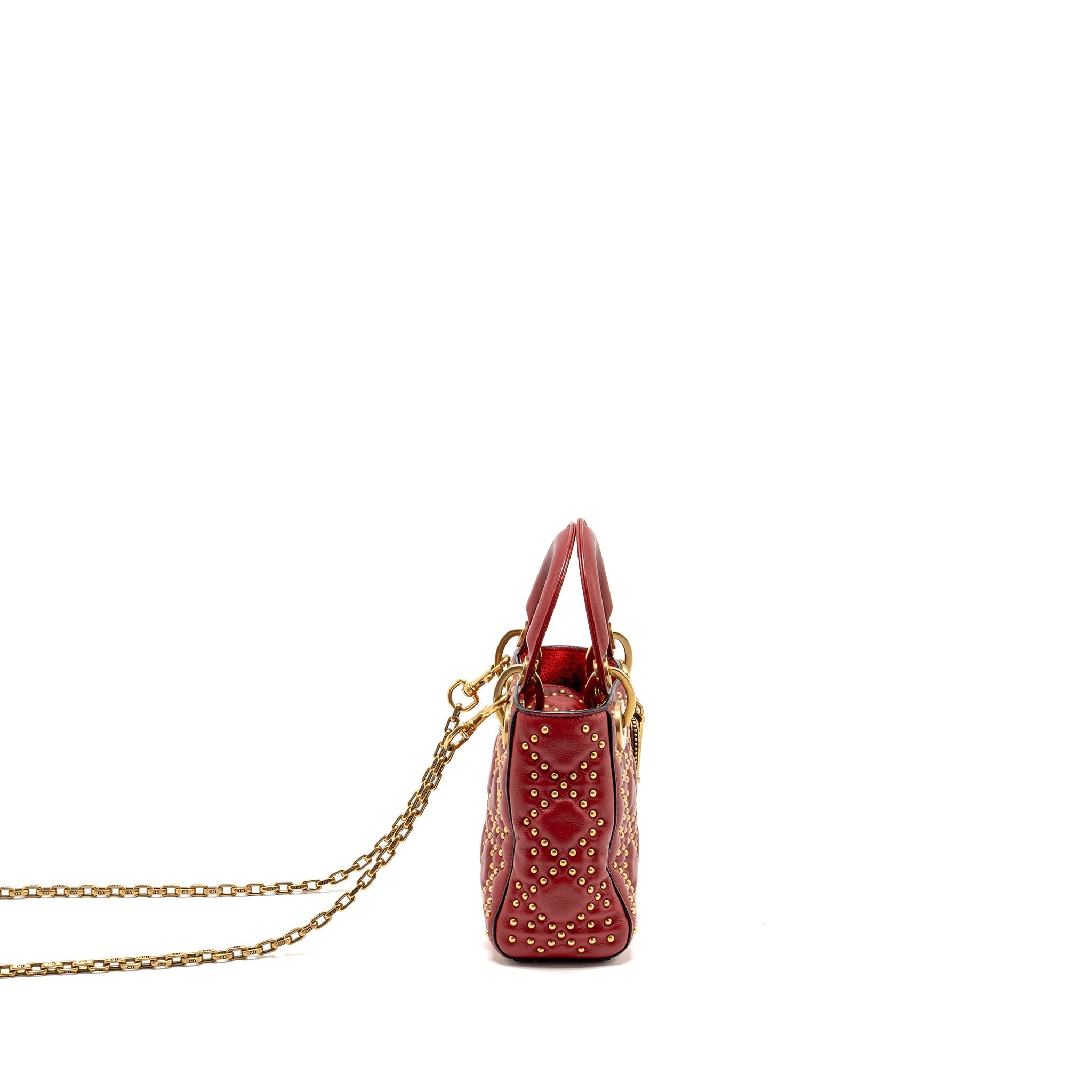 DIOR LOVE CHARM MINI LADY DIOR STUDDED LAMBSKIN RED GHW