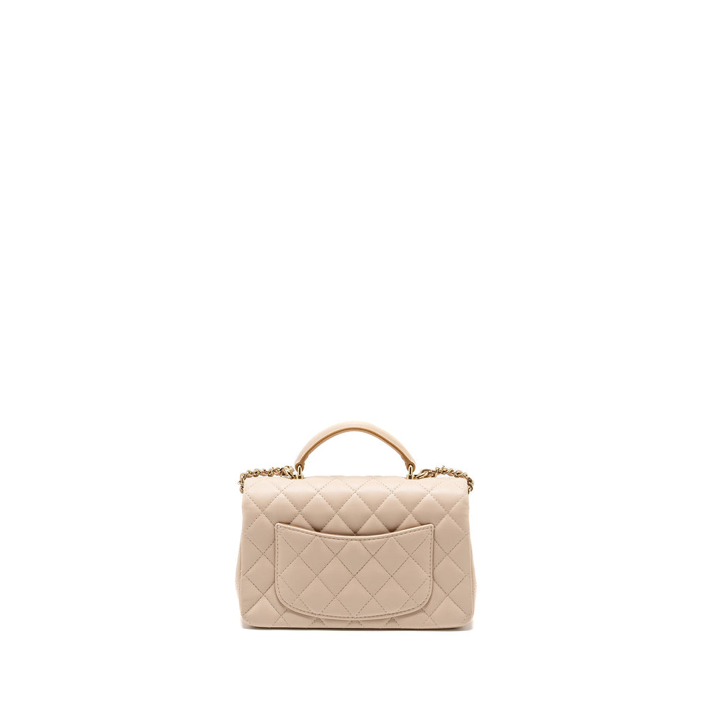 CHANEL TOP HANDLE MINI RECTANGULAR FLAP BAG LAMBSKIN ECRU/DARK BEIGE LGHW(MICROCHIP)