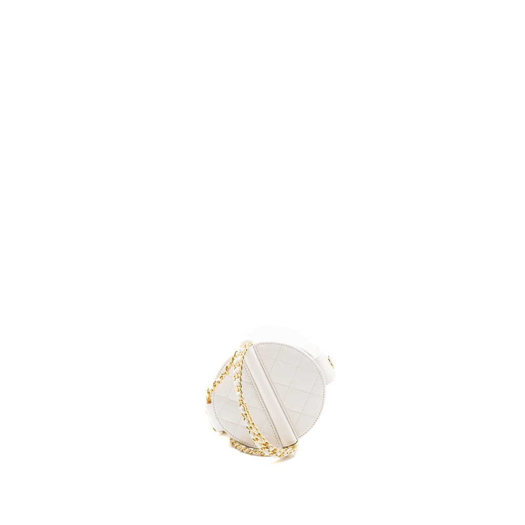 CHANEL TOP HANDLE ROUND VANITY WITH CHAIN LAMBSKIN WHITE GHW (MICROCHIP)