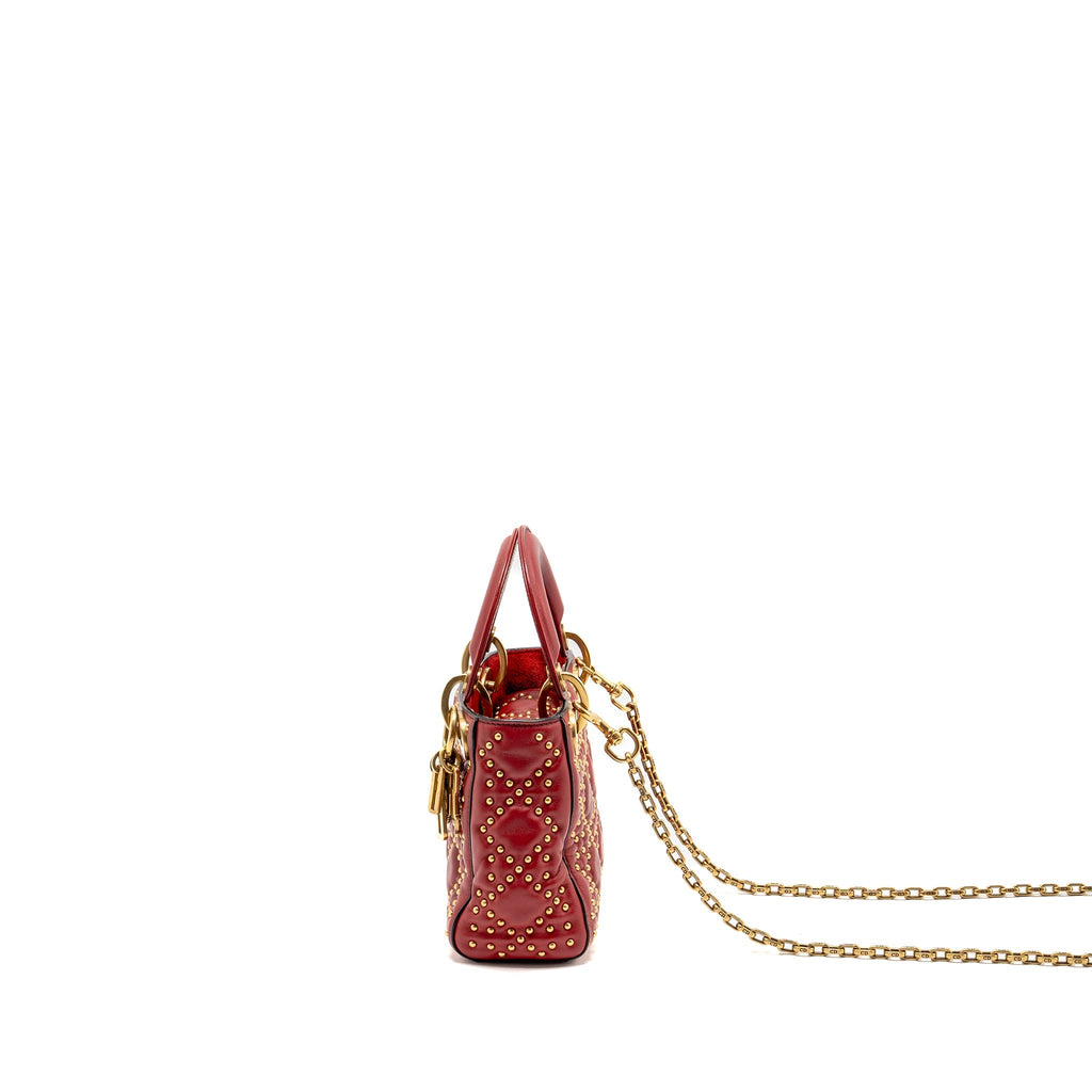 DIOR LOVE CHARM MINI LADY DIOR STUDDED LAMBSKIN RED GHW