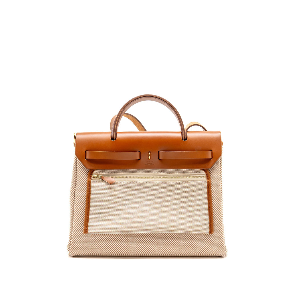 HERMES HERBAG 31 ZIP BAG CANVAS/VACHE HUNTER ECRU-BEIGE/FAUVE GHW