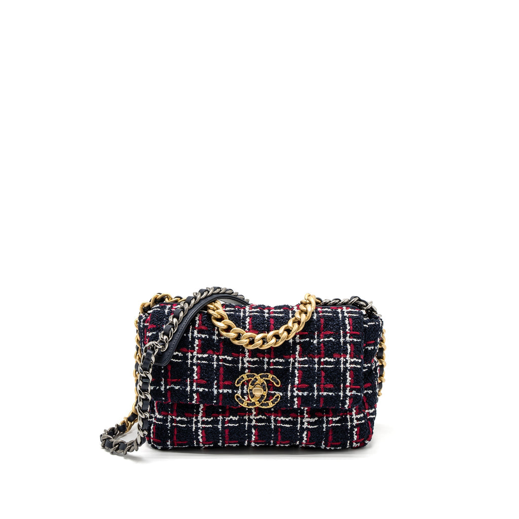 CHANEL SMALL 19 BAG TWEED BLACK/RED/WHITE MULTICOLOUR HARDWARE