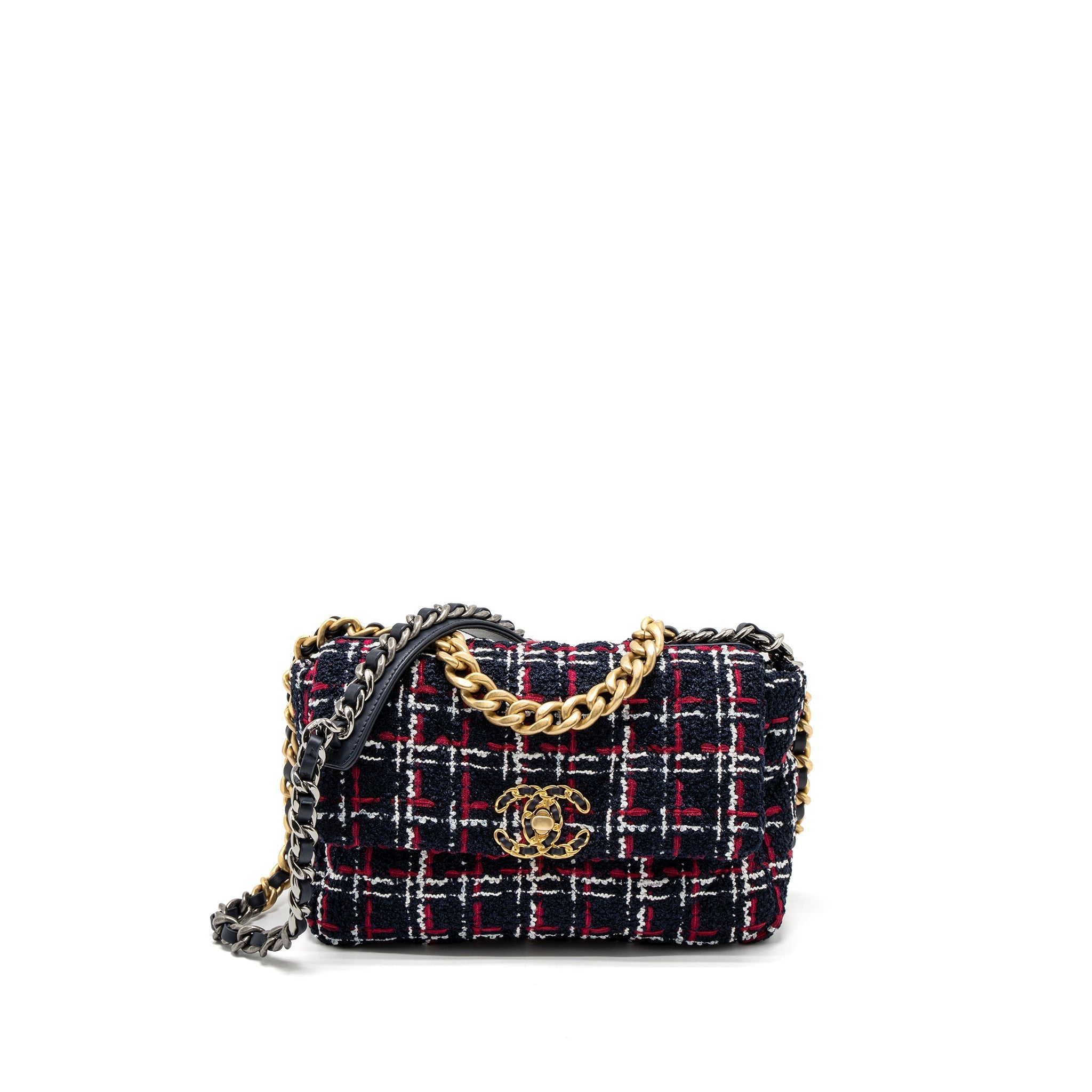 CHANEL SMALL 19 BAG TWEED BLACK/RED/WHITE MULTICOLOUR HARDWARE