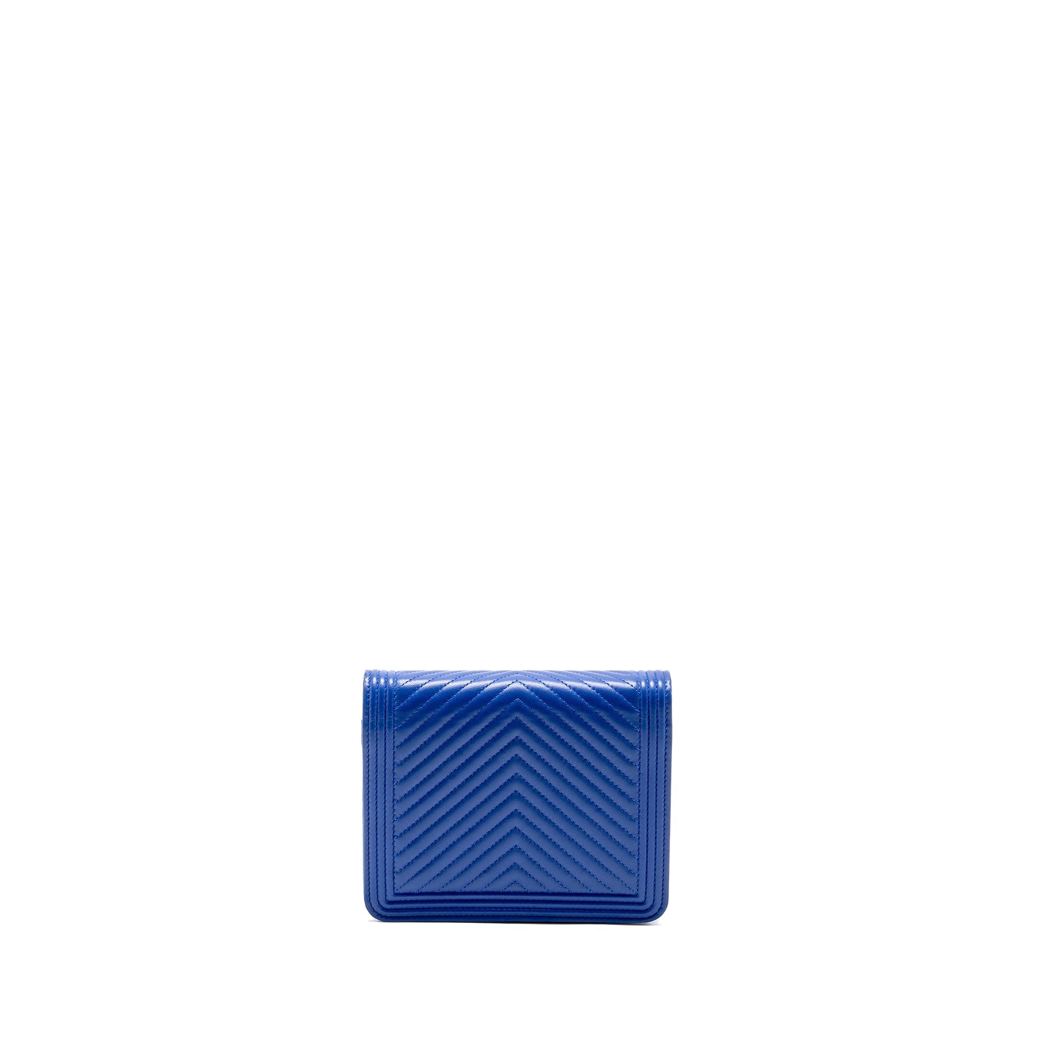 CHANEL BOY CLUTCH WITH CHAIN  CHERVON LAMBSKIN BLUE GHW