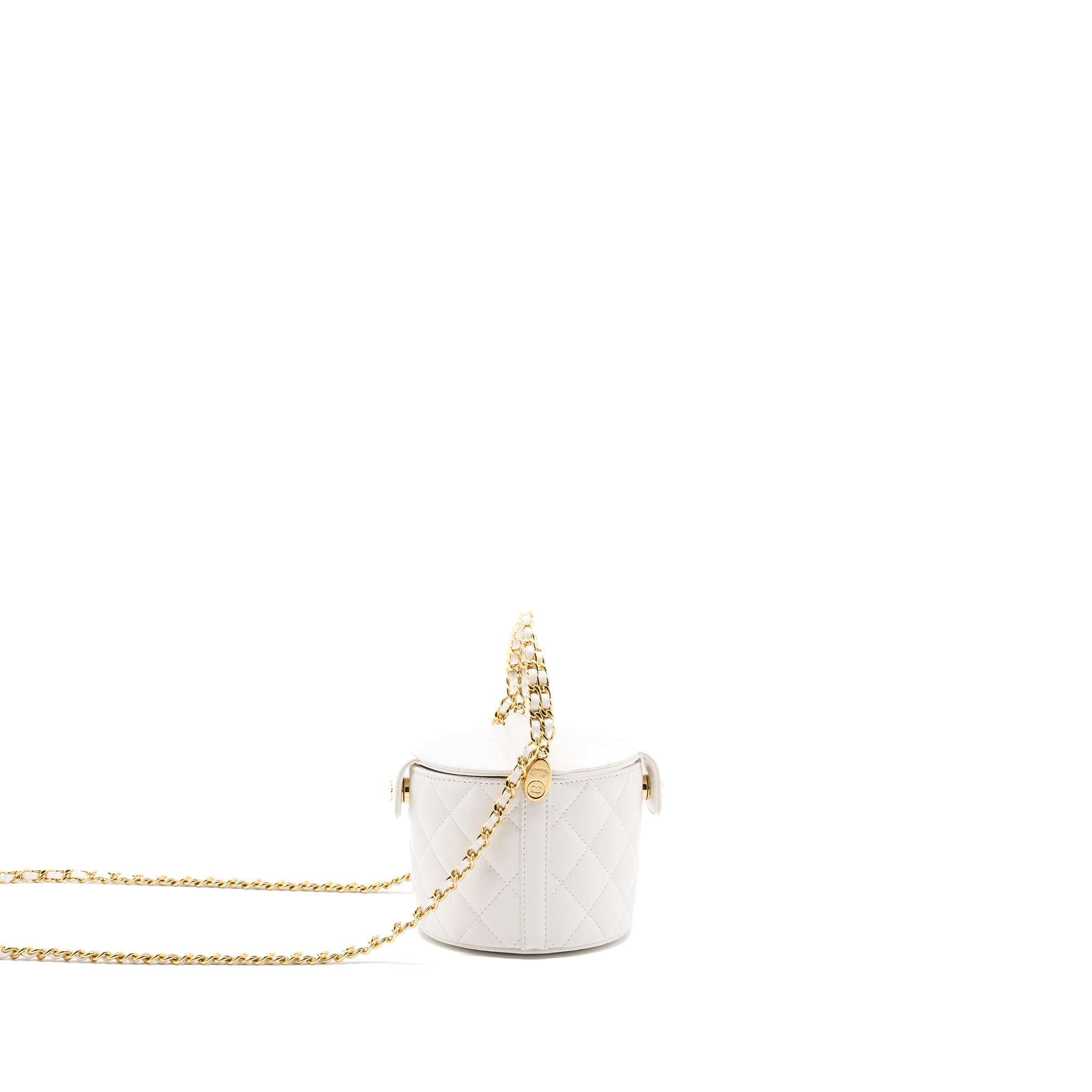 CHANEL TOP HANDLE ROUND VANITY WITH CHAIN LAMBSKIN WHITE GHW (MICROCHIP)