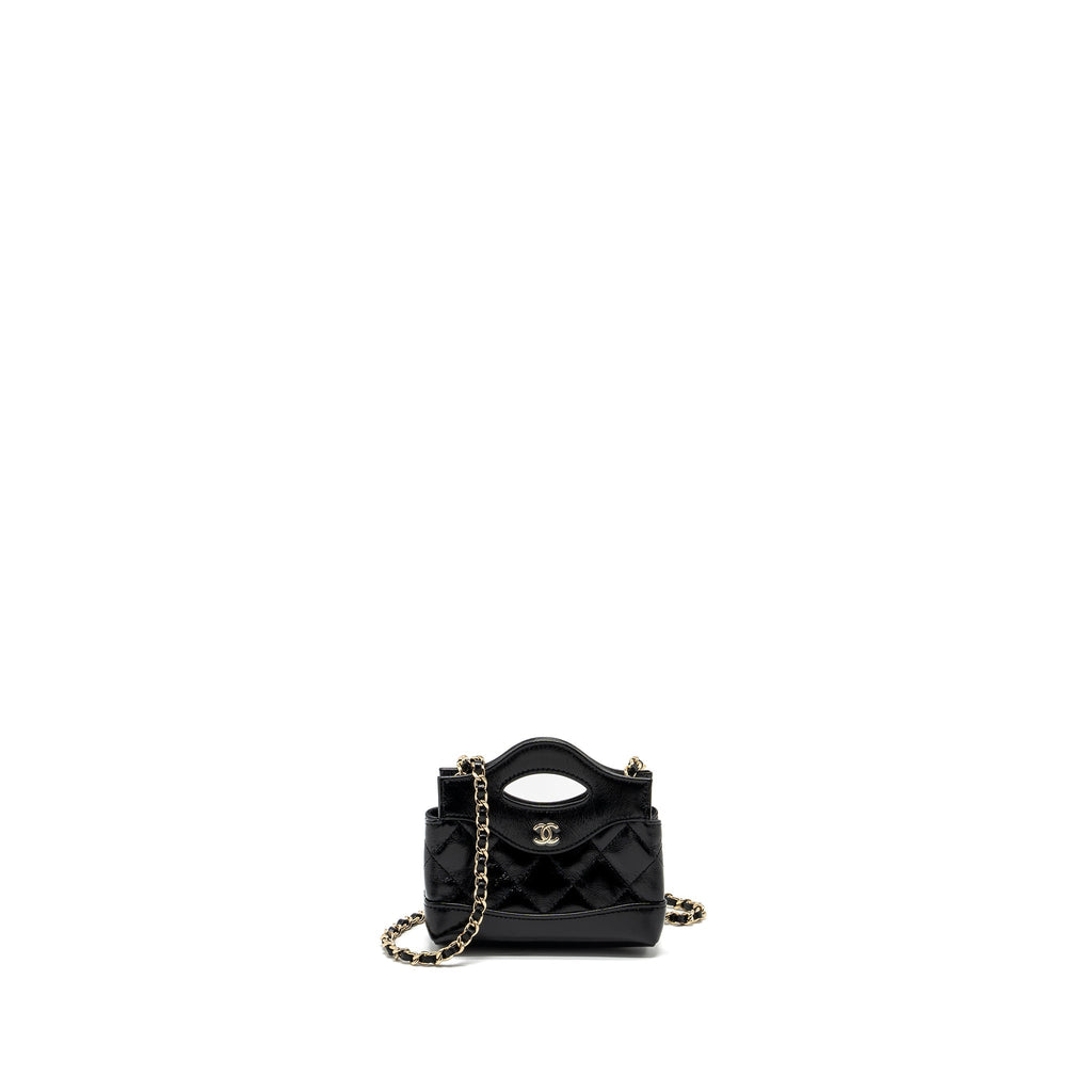 CHANEL 24S 31 NANO CLUTCH WITH CHAIN SHINY LAMBSKIN BLACK LGHW (MICROCHIP)