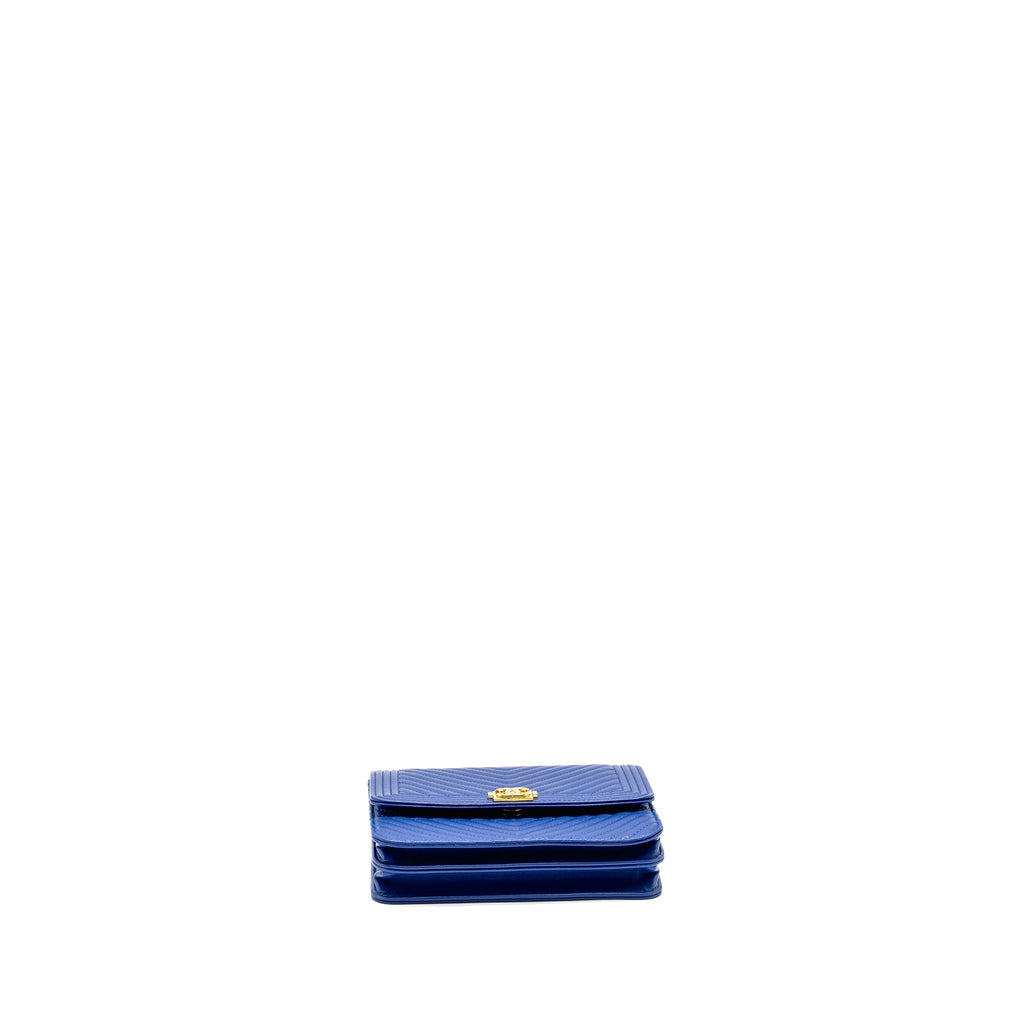 CHANEL BOY CLUTCH WITH CHAIN  CHERVON LAMBSKIN BLUE GHW