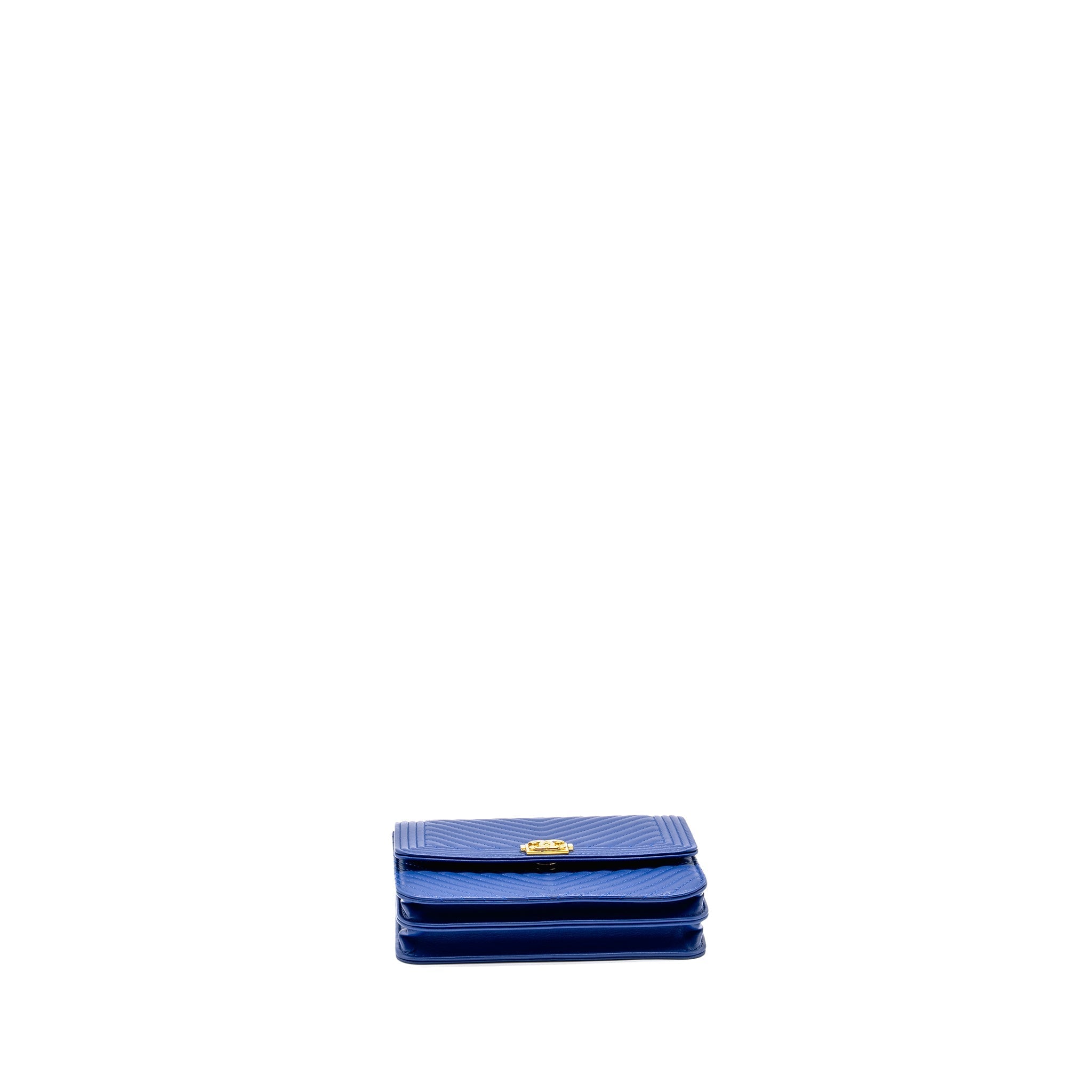 CHANEL BOY CLUTCH WITH CHAIN  CHERVON LAMBSKIN BLUE GHW
