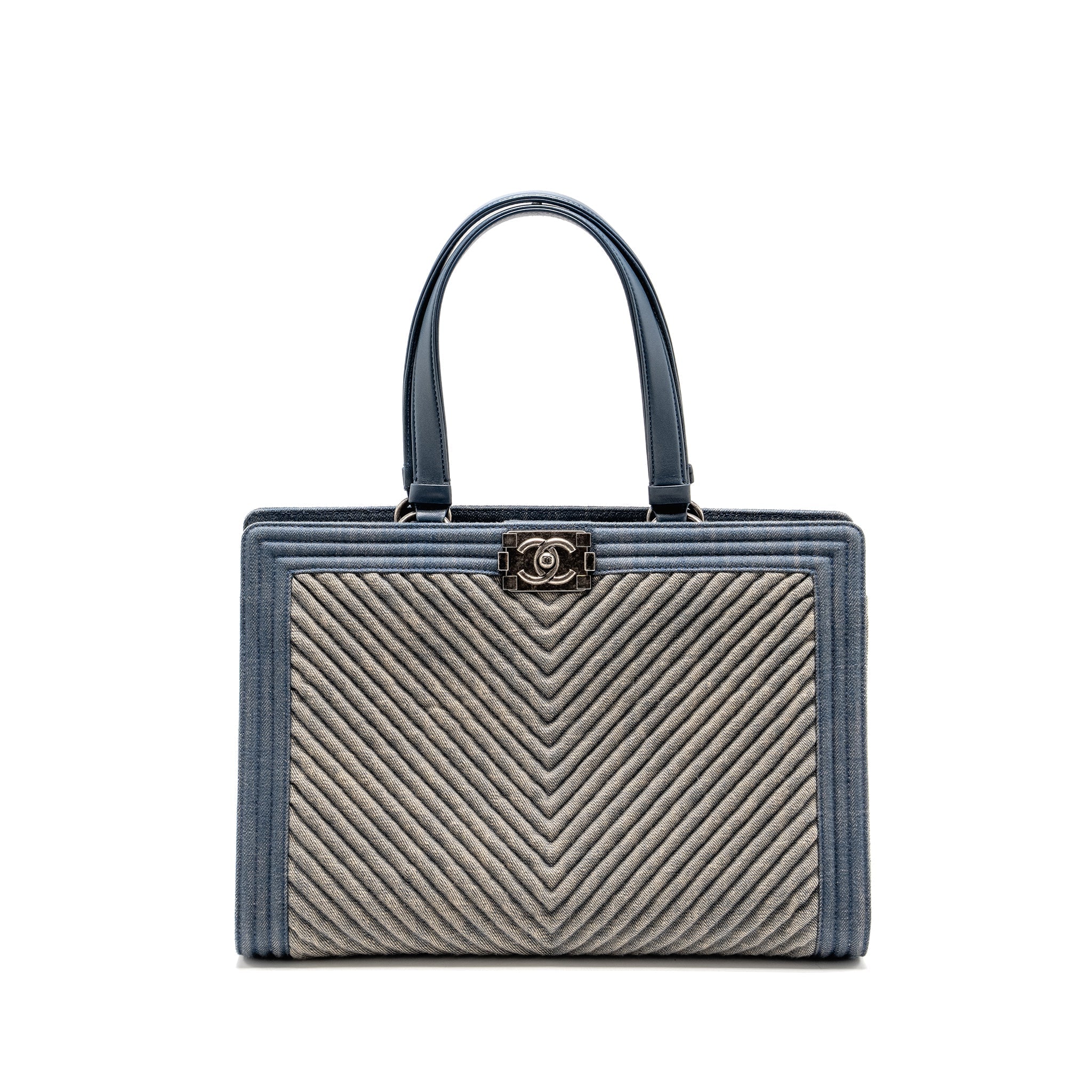 CHANEL 15P BOY CHEVRON SHOPPING TOTE BAG DENIM/ LAMBSKIN BLUE RUTHENIUM HARDWARE