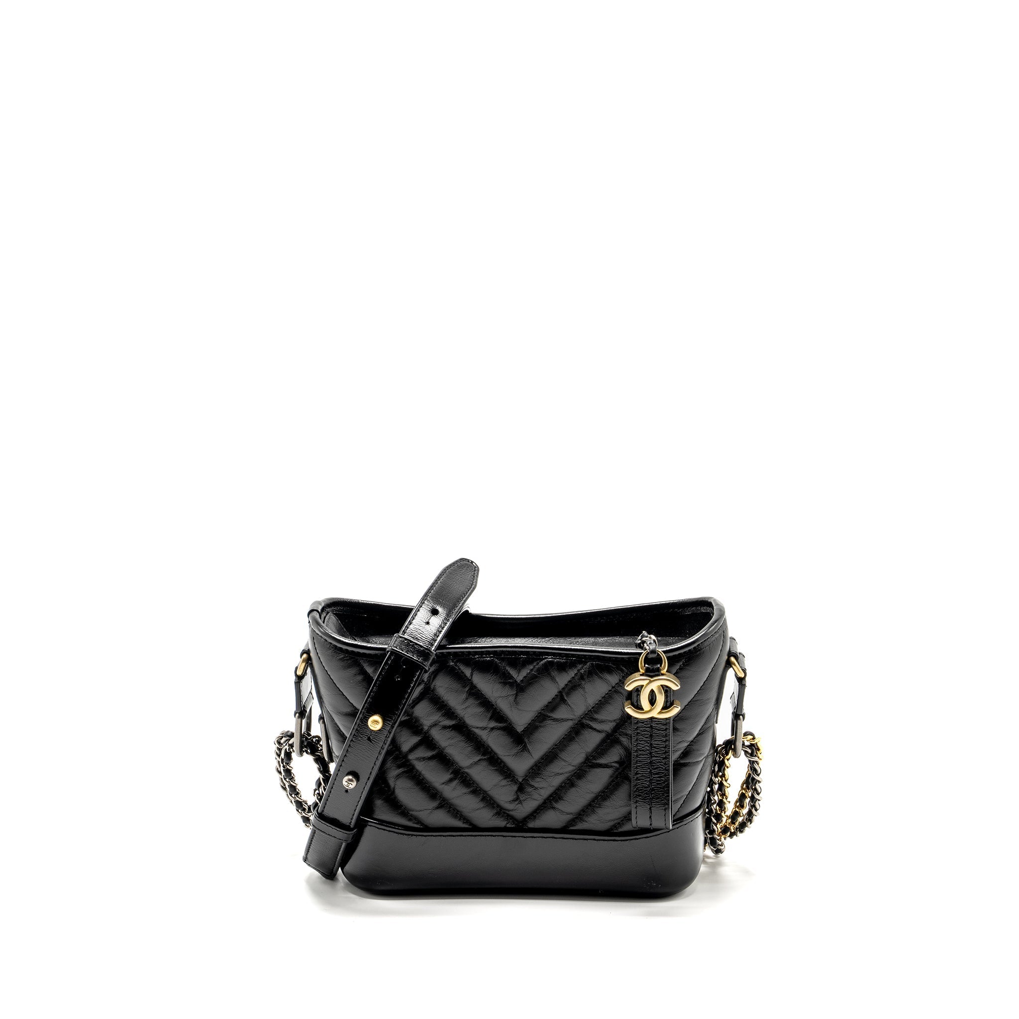 CHANEL SMALL GABRIELLE  HOBO BAG CHEVRON AGED CALFSKIN BLACK MULTICOLOUR HARDWARE