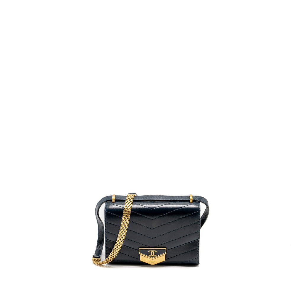 CHANEL LOCK ME UP CHEVRON MEDAL FLAP BAG CALFSKIN DARK NAVY GHW